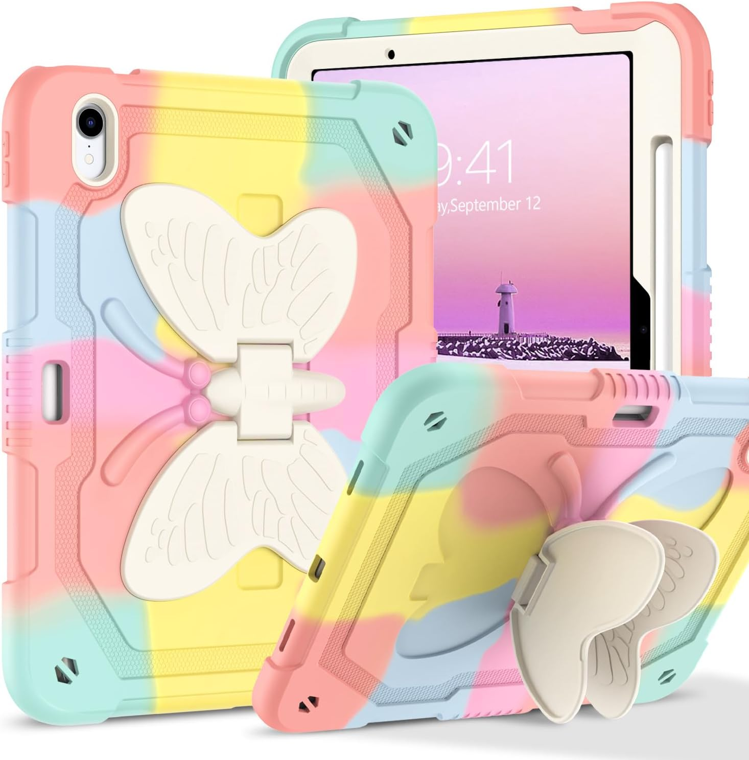 DUEDUE Ipad(A16) 11Th Generation 11 Inch 2025 Case, Ipad 10Th Generation 10.9 Inch 2022 Case, Butterfly Wings Kickstand Heavy Duty Shockproof Protective Tablet Case for Kids, Rainbow