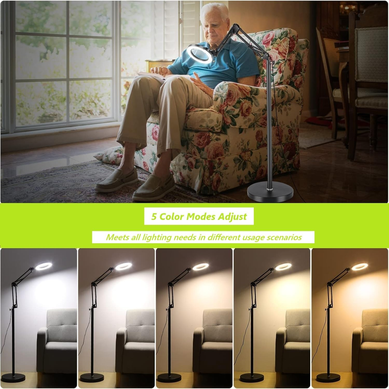 10X Magnifying Glass Floor Lamp,Foldable and Large Angle Rotation Five Colors Switching,Ten Levels of Dimming,Suitable for Beauty,Electrician Maintenance,Bedroom,Living Room,Dormitory Lighting,Office.
