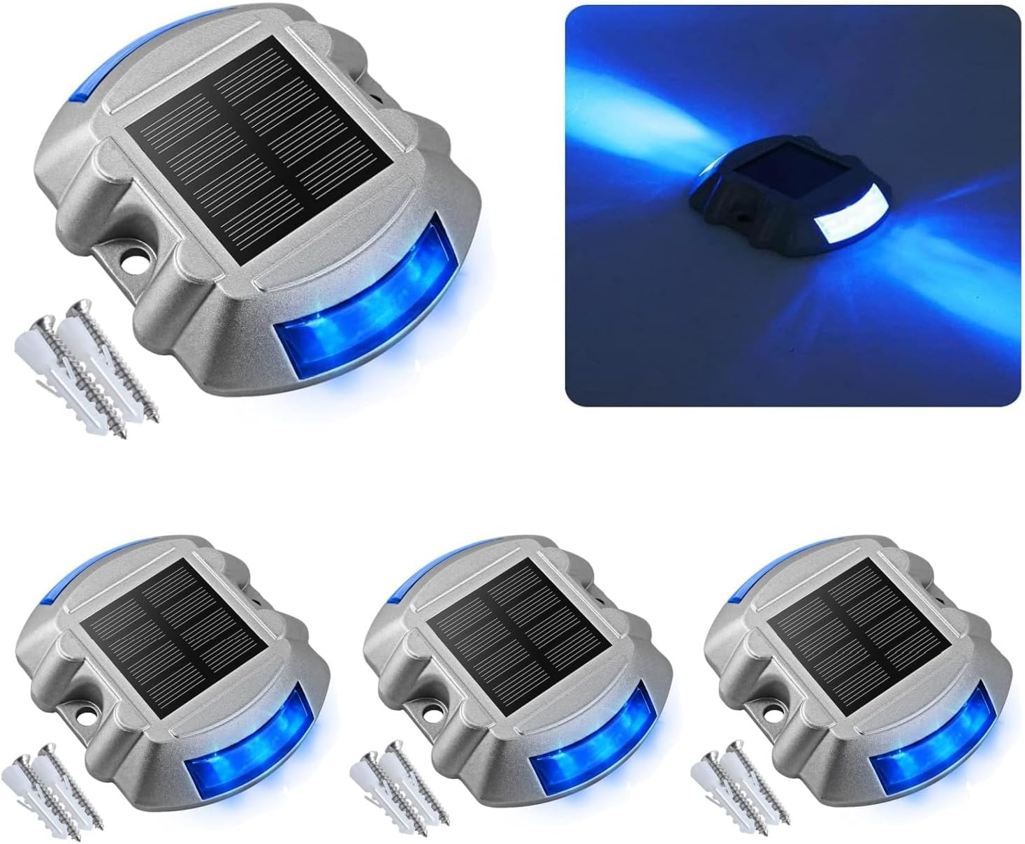 Solar Deck & Driveway Lights, 2-Pack Led IP67 Waterproof Outdoor Warning Step Lights for Garden Pathway Yard (White) (2, Blue) (4)