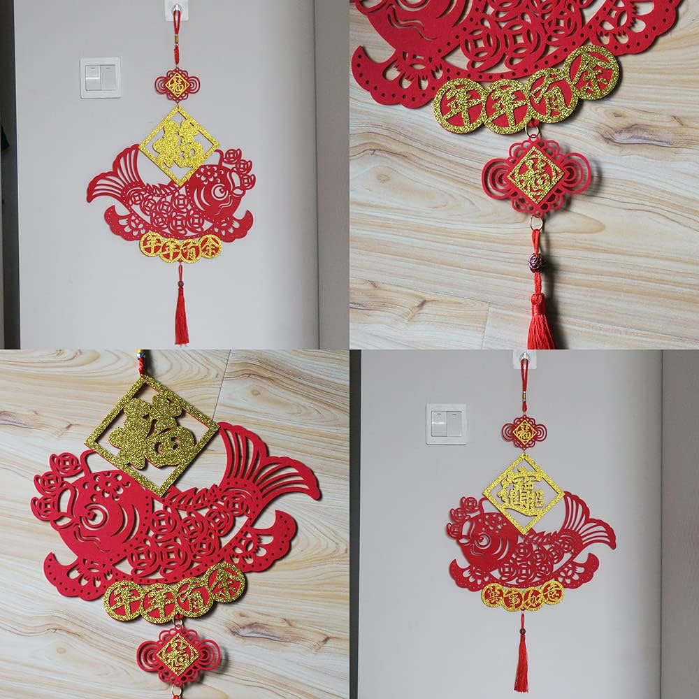2PCS 11Inch Palace Lantern Tassel Red Fish Chinese New Year Decorations for Party Wedding Supplies Spring Festival Mid-Autumn Moon Ornaments Gilt Lanterns, S image number 6