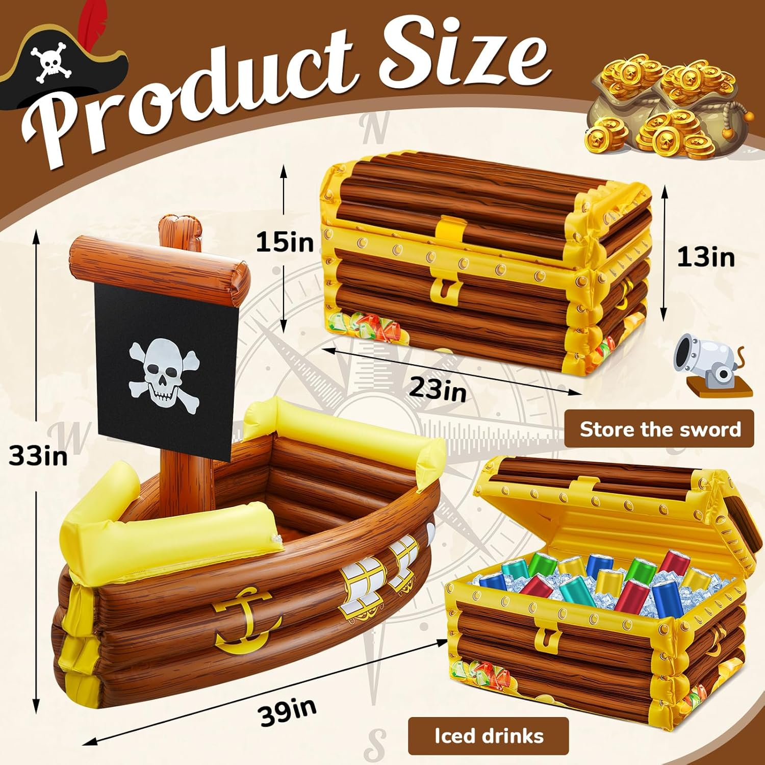 Cunhill 14 Pcs Inflatable Pirate Ship Drink Cooler Treasure Chest Set Party Decoration 1 PC Pirate Ship 1 PC Blow up Treasure Chest 12 Pcs Sword for Kid Birthday, Pool, Carnival Mardi Gras Party image number 2