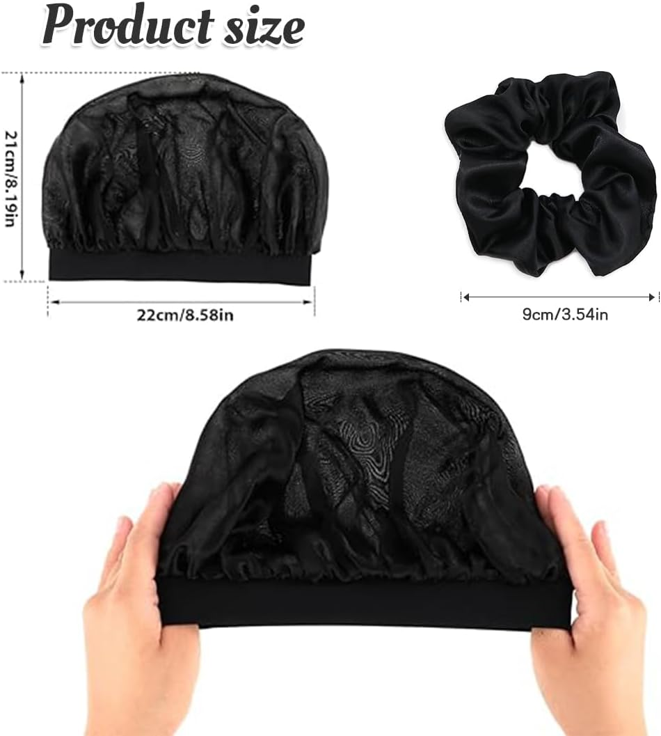 DWFEYOI Satin Sleeping Cap, Pack of 2 Silk Caps, Adjustable Hair Cap, Silk with 2 Satin Hair Bobbles, Night Sleep Cap, Women Girls Breathable Sleeping Cap, Sleeping Cap (Black, Pink) image number 1