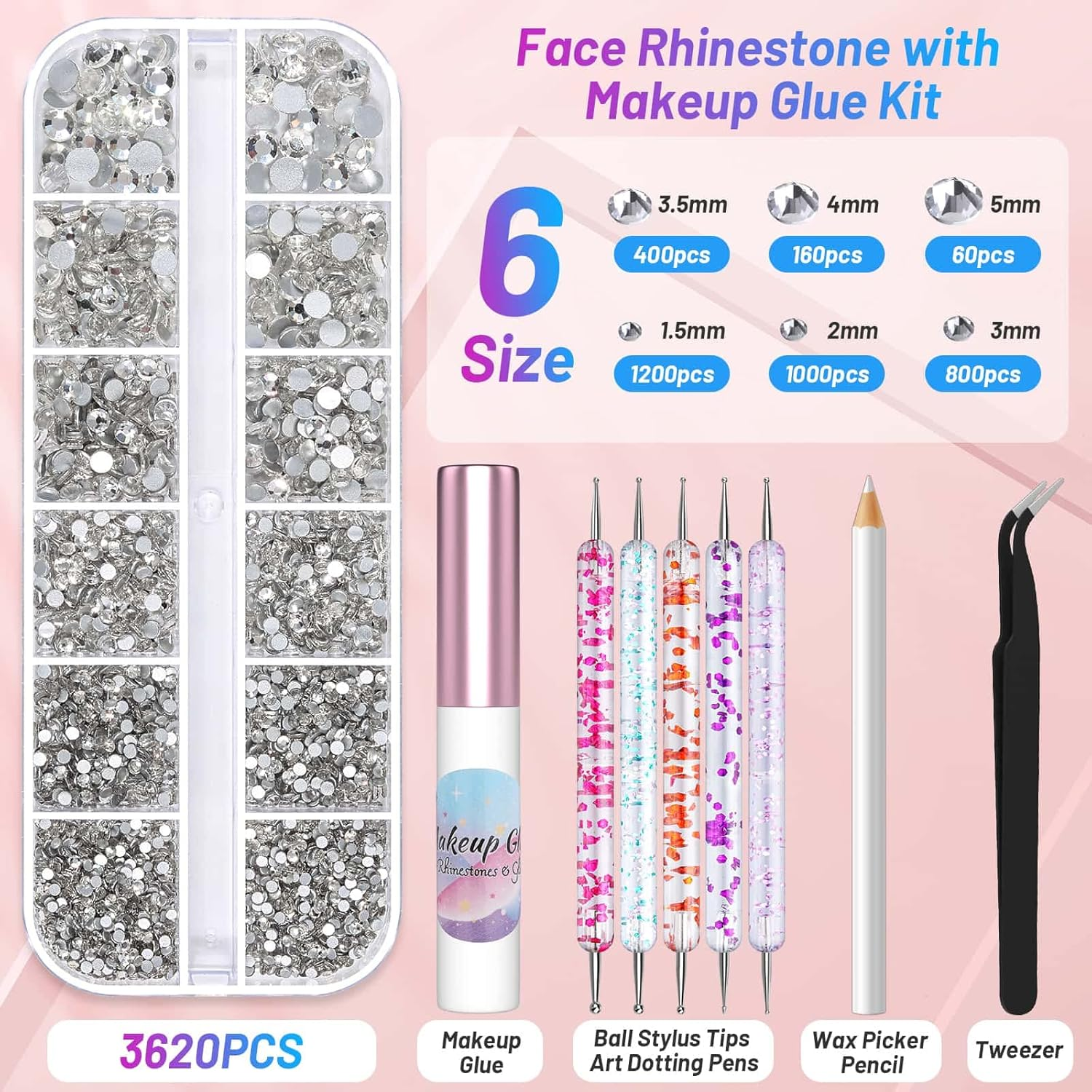 SFX Makeup Face Glue with Face Gems, Shynek 3600Pcs Flatback Eye Gems Hair Rhinestone Crystal with Tweezers Dotting Tools Skin Glue for Body Eye SFX Spirit Adhesive for Costume Cosplay image number 3
