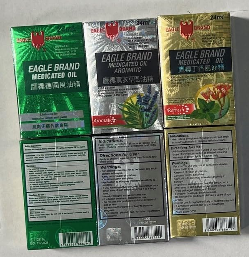 Bundle of 6 Count Eagle Brand Medicated Oil 24 Ml 2X Green + 2 X White Aromatic + 2 Yellow Refresh image number 1