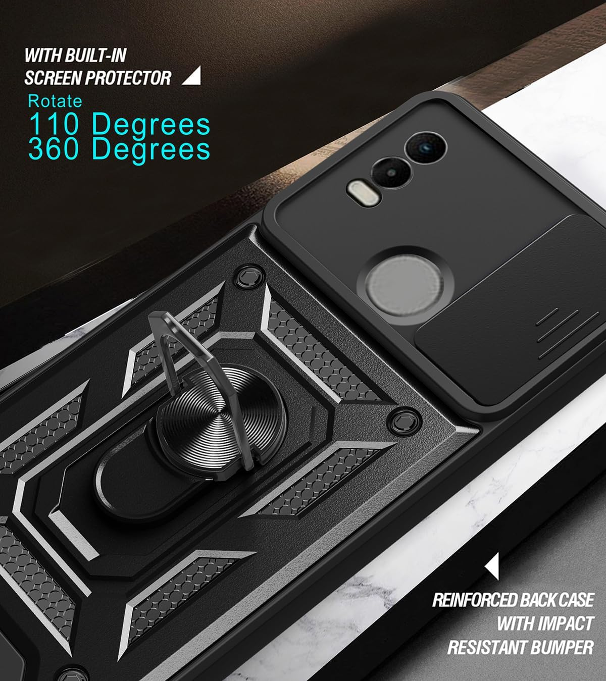 YSONCHAN Case for Nokia C21 Plus, Protective Case with Shockproof Lens Cover, Bumper Mobile Phone Case with Magnetic Ring and Rotating Stand, Robust Case, Red - Red image number 3