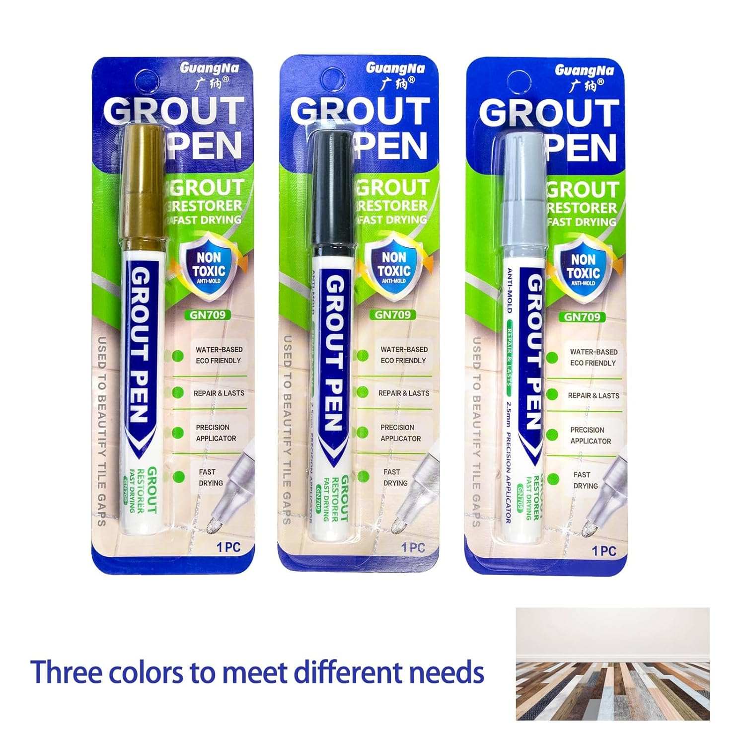 3 Pcs Grout Pen Set, Waterproof Tile Paint Marker for Tile Grout Repair and Colour Renewal, for Bathroom Kitchen Floor Wall Home Improvement Essentials (Grey, Dark Grey, Gold)