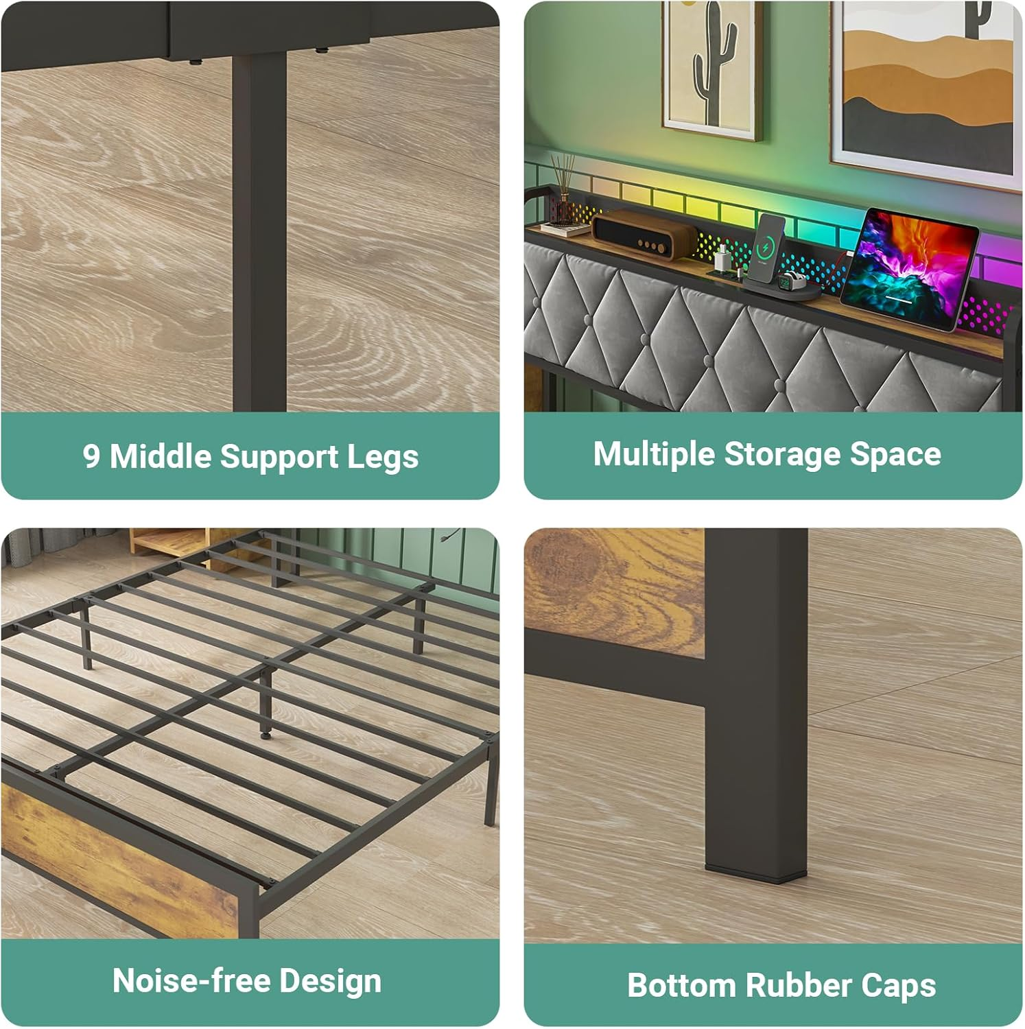 Ufurniture Queen Bed Frame with Headboard Storage, Industrial Metal Bed Base with USB Ports and LED Light, Mattress Platform with Charging Station, Bedroom Furniture image number 3