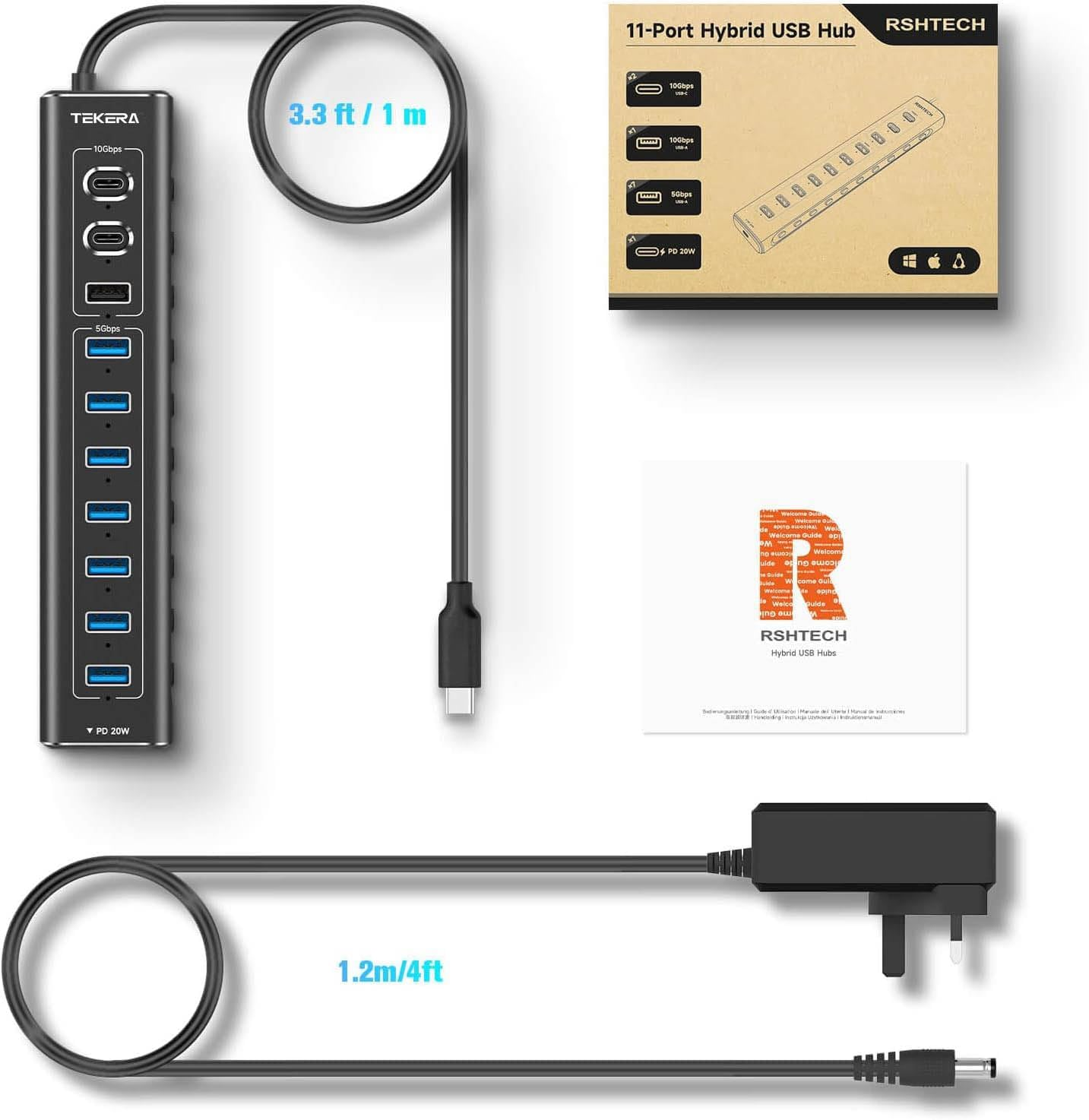 11 Port USB 3.2 Hub,Tekera USB C Hub 10Gbps Splitter with USB-A 3.2, 2 USB-C 3.2, 7 USB a 3.0 Ports, PD USB-C Port and 3.3Ft Long Cable image number 6