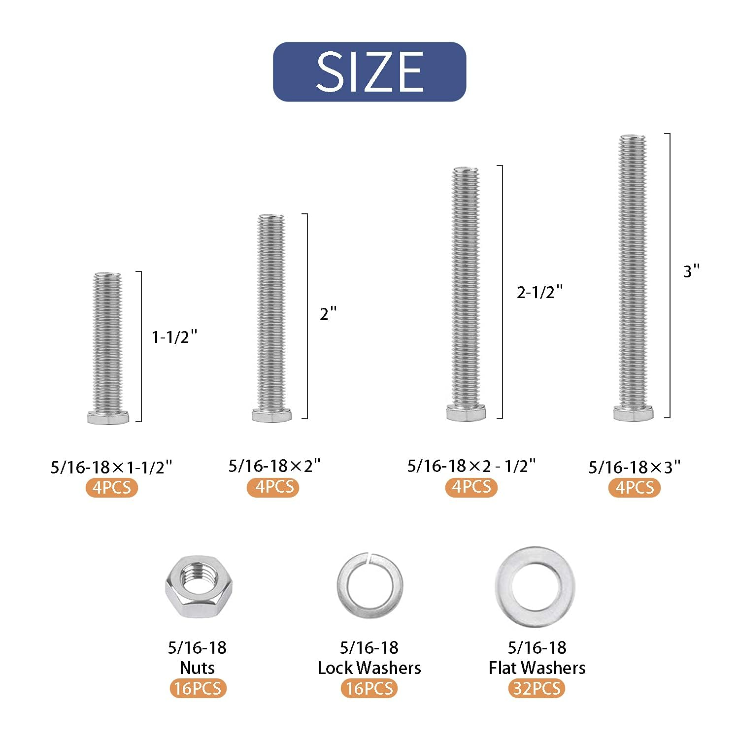 Generic 80PCS Carbon Steel Hex Bolts and Nuts Assortment Kit Hardware Screws Set (5/16""-18) image number 4