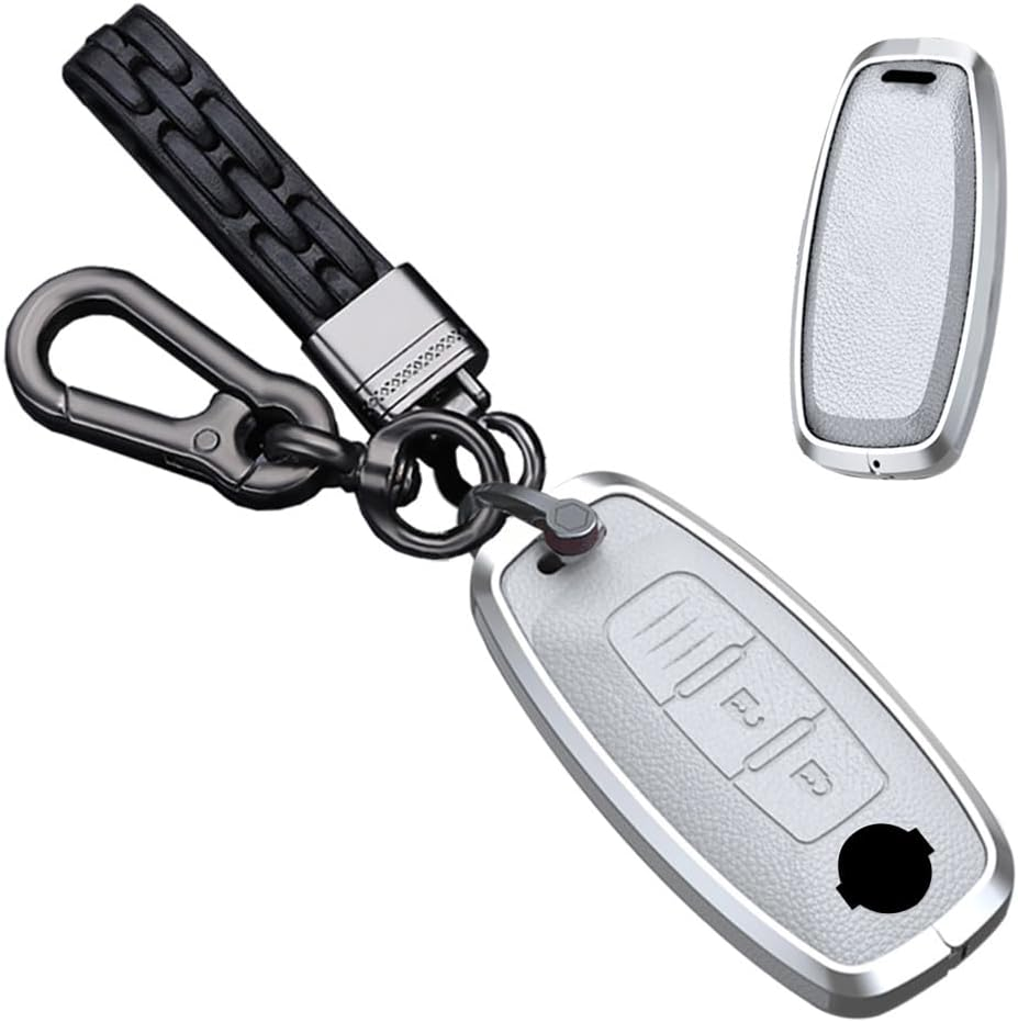 Key Fob Cover Case Metal Key Shell Full Protection Fit for Nissan Ariya Kicks X-Trail Rogue Leather Key Cover 3 Button, a Leather-Keychain-White