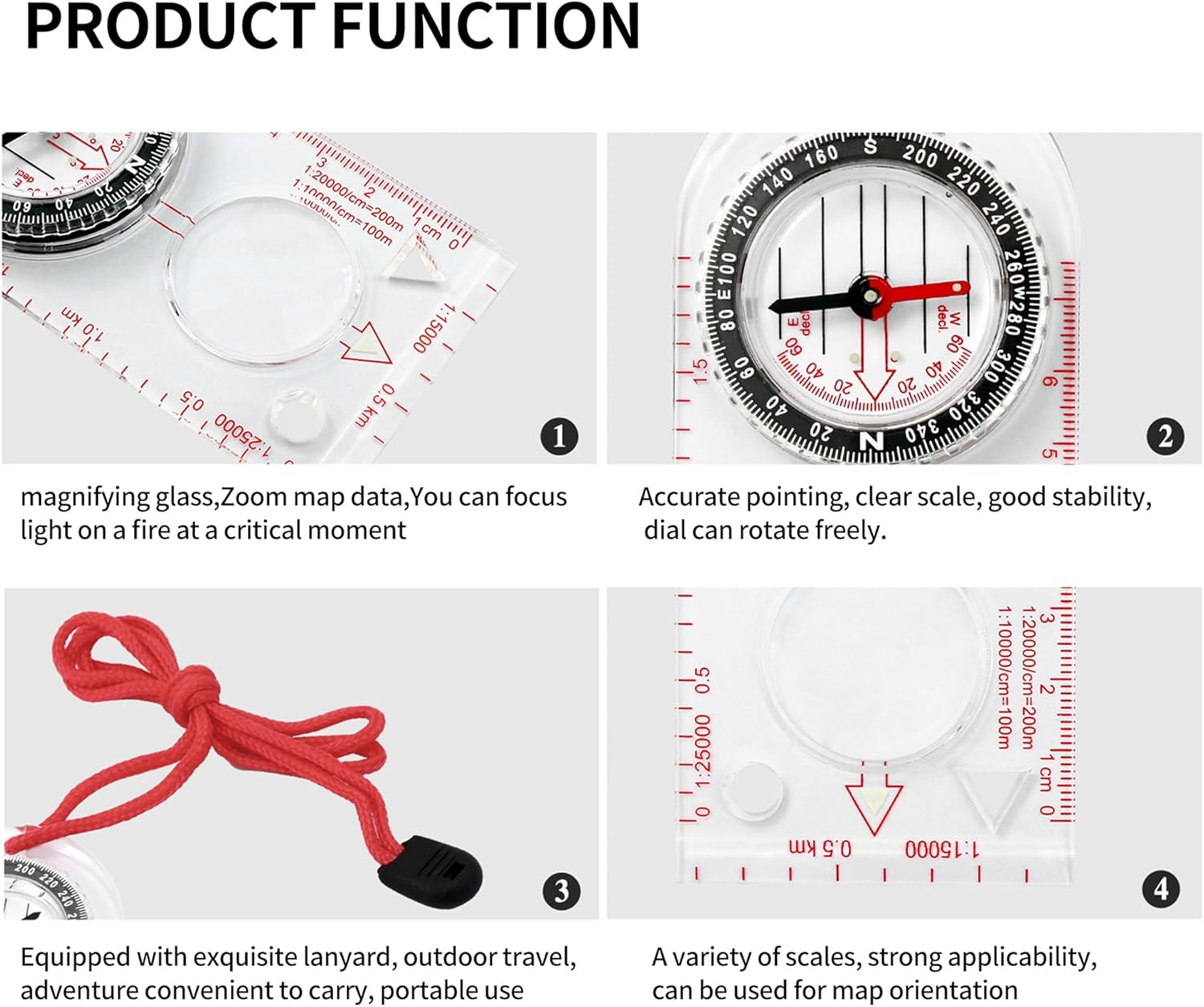 DOETYD Navigation Compass Map Ruler Magnifier with Adjustable Lanyard for Explorer Outdoor Adventure Enthusiasts, Navigation Compass for Map Reading Orienteering Survival, Red image number 2