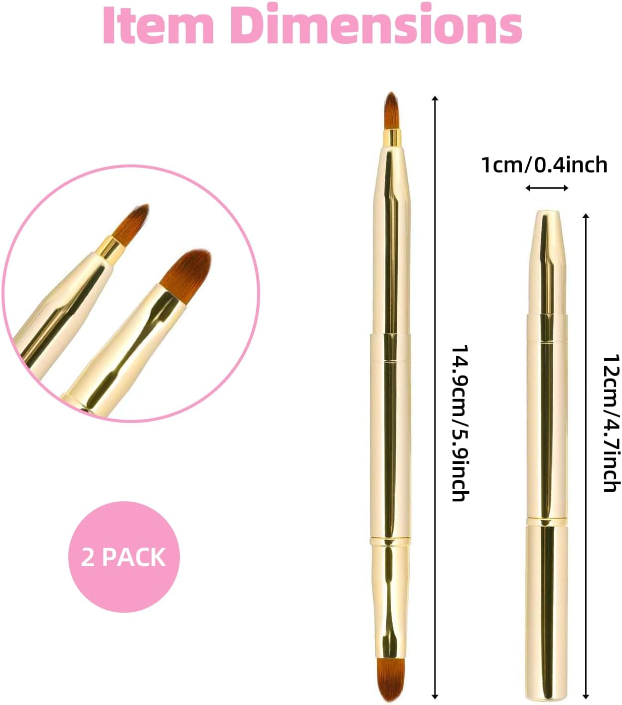 ONBPIY Lip Brush 2 Pack Retractable Double Ended with Cap for Lipstick Gloss Liner Professional Travel Makeup Brush Applicator
