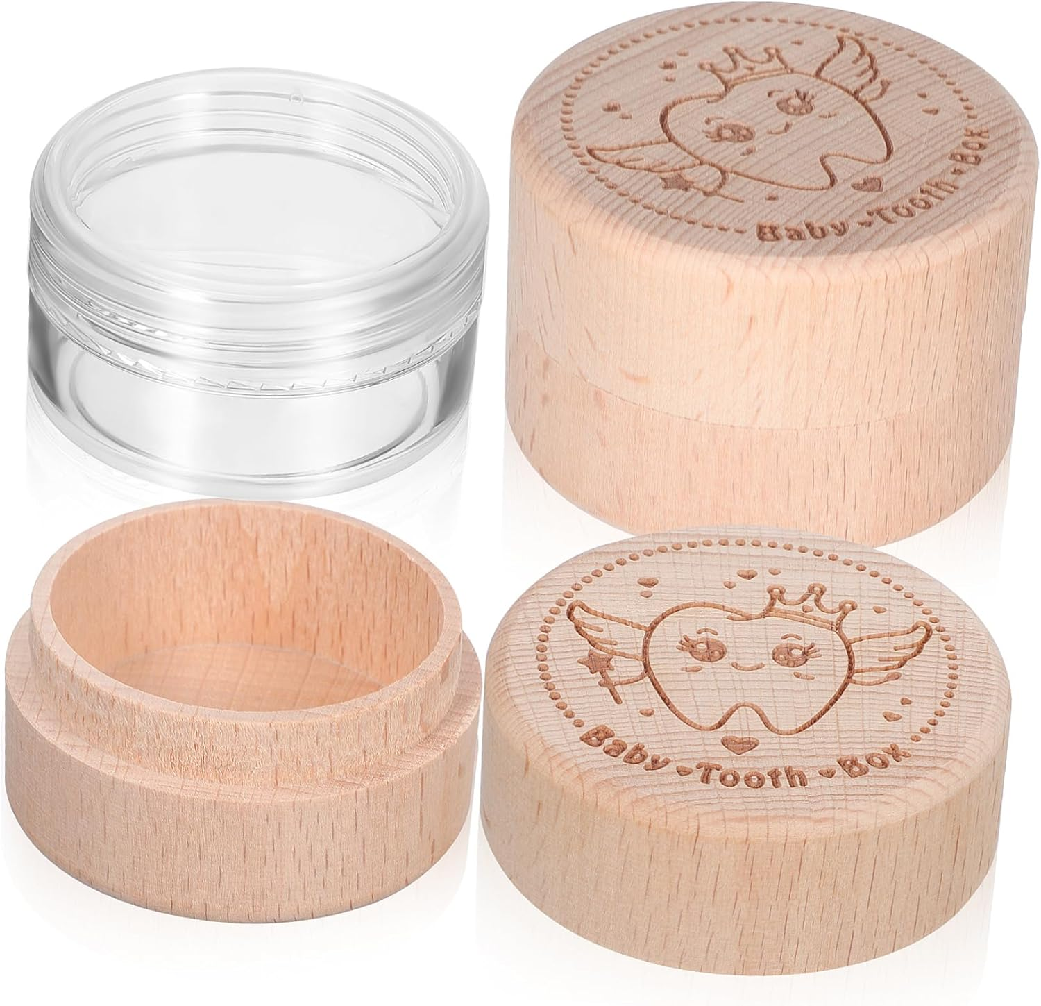 ULTECHNOVO 4Pcs round Wood Storage Box Multipurpose Keepsake Box Lid Tooth for Boys and Girls Decorative Trinket image number 6