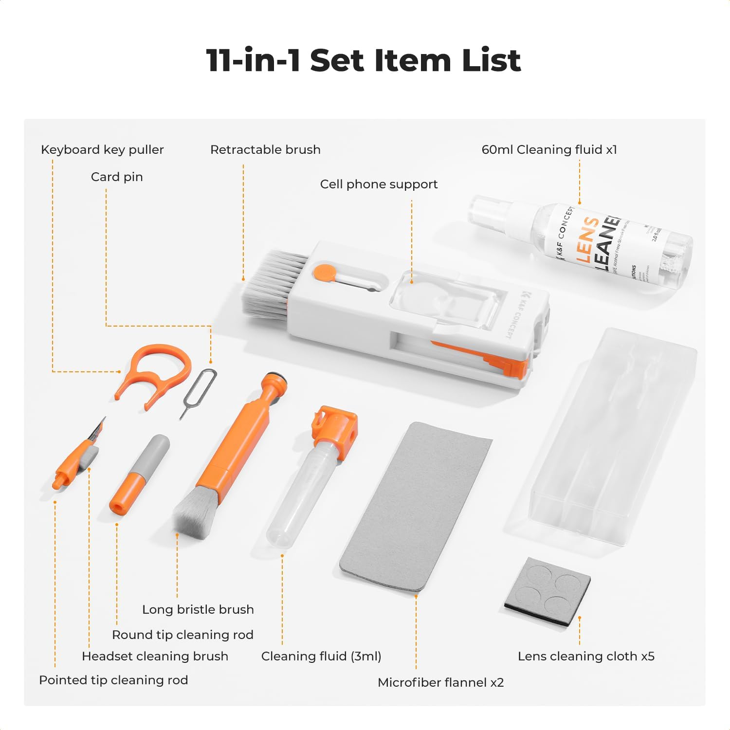 K&F Concept Newly Upgraded 11-In-1 Keyboard Cleaning Kit with Extra 60Ml Cleaner - Multifunction Electronic Device Cleaner Set for Cell Phone Tablet PC Camera Keyboard Earbud image number 5