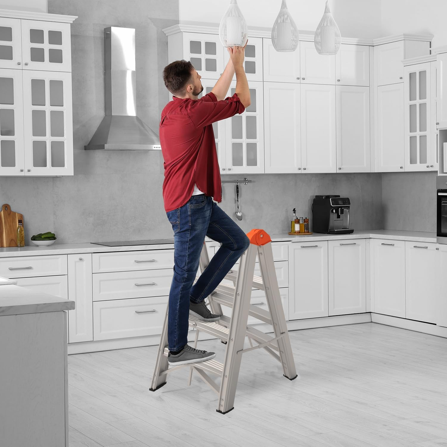 Aluminum Foldable Twin Front Collapsible a Frame 3-Step Ladder, Compact Step Stool with Wide Anti-Slip Pedal, EN131, 330Lb Capacity image number 1