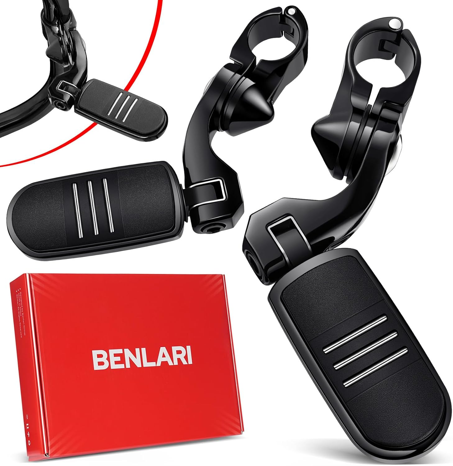 Benlari Highway Pegs, 304 Stainless Steel 1.25" Highway Footpegs Short Angled Fit for Harley Davidson Touring Street Glide Road King Softail Dyna Sportster Fits 1-1/4"(32Mm) Engine Guard(Black) image number 2