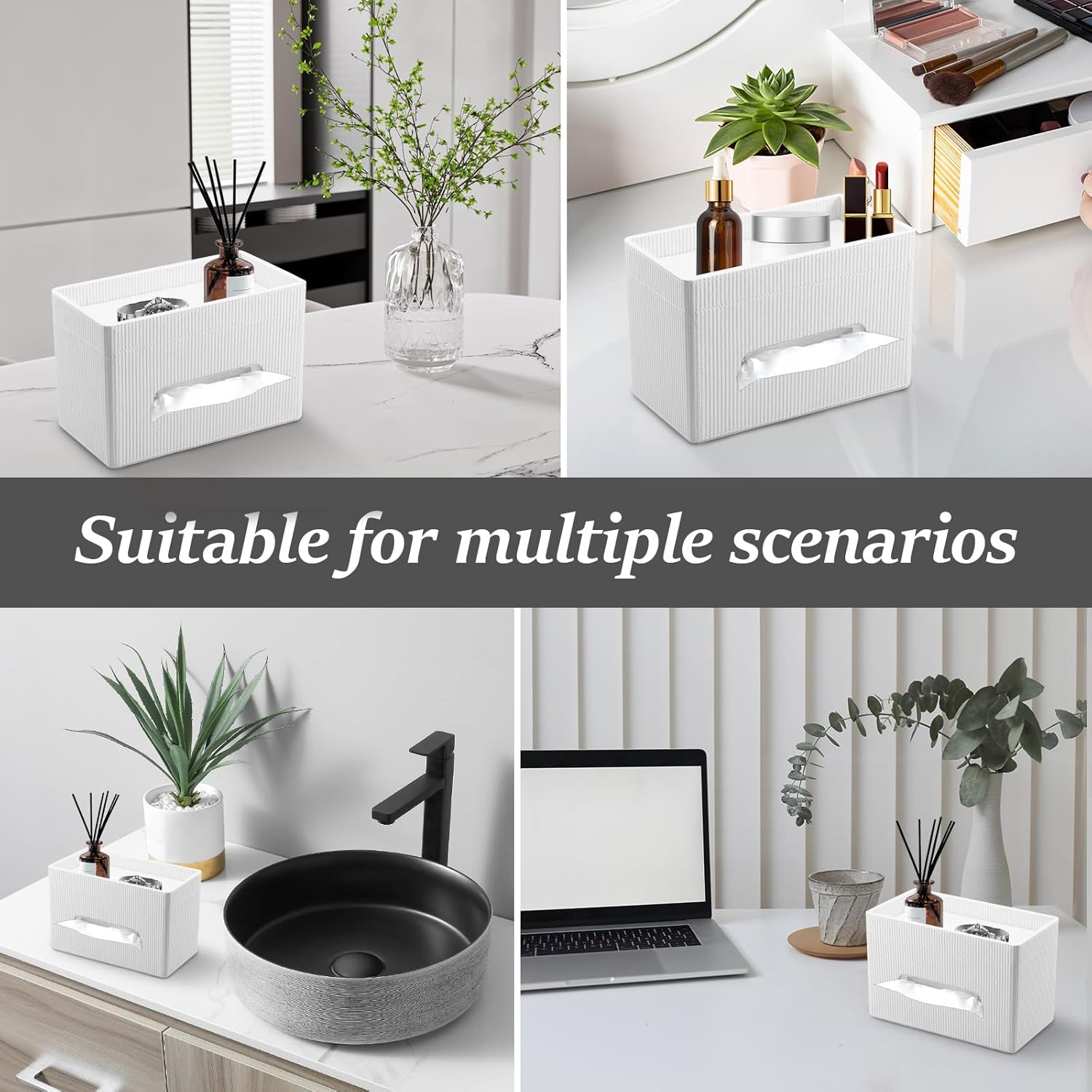 Tissue Box Cover, Rectangular Tissue Box Holder with Storage Tray, PU Leather Facial Paper Organizer, Stylish Napkin Dispenser for Desk Countertop Office Bathroom (White) - White image number 5