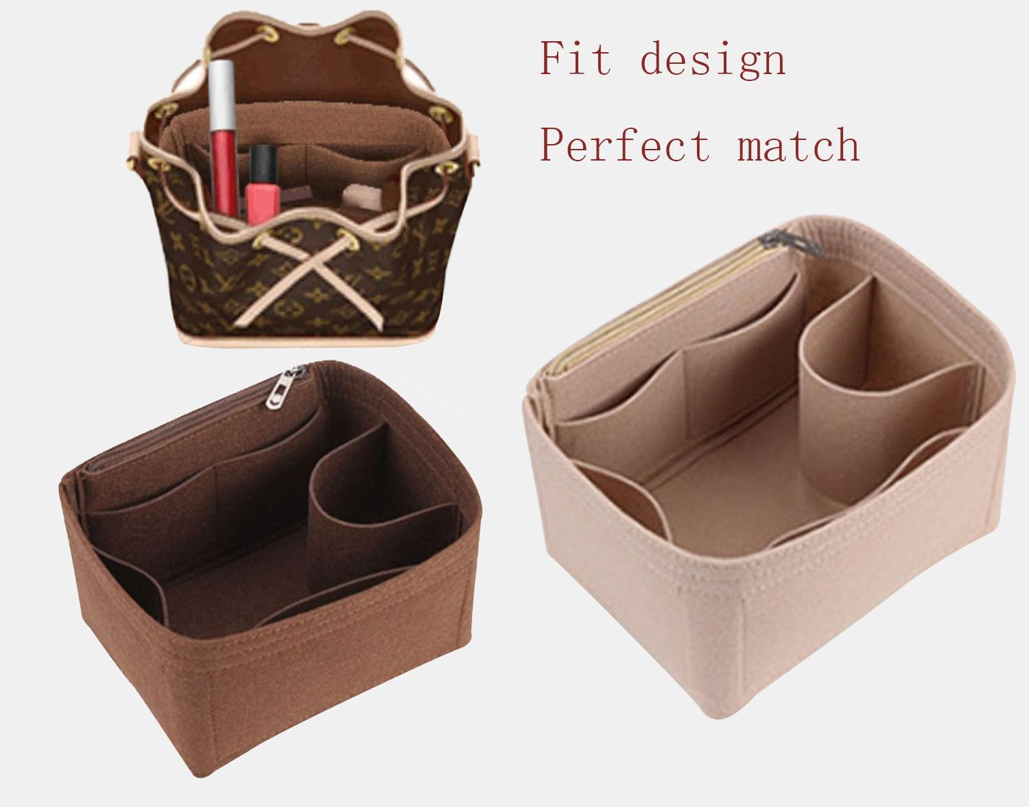 Lckaey Purse Organizer Insert for LV NOE BB Petit NOE NM Storage Bag Organizer with Zipped Pocket Y059Khaki-Medium image number 6