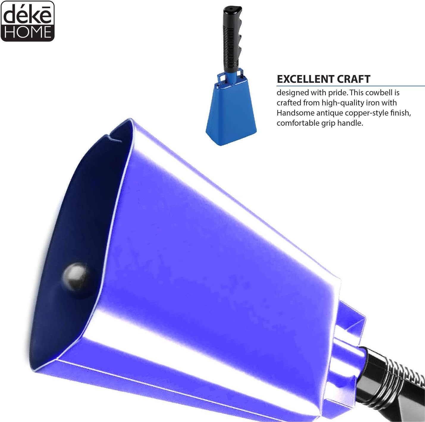 2 Pack 10 In. Steel Cowbell/Noise Makers with Handles. Cheering Bell Sporting, Football Games, Events. Large Solid School Hand Bells. Cowbells. Percussion Musical Instrument. Cow Bell Alarm (Blue) image number 3
