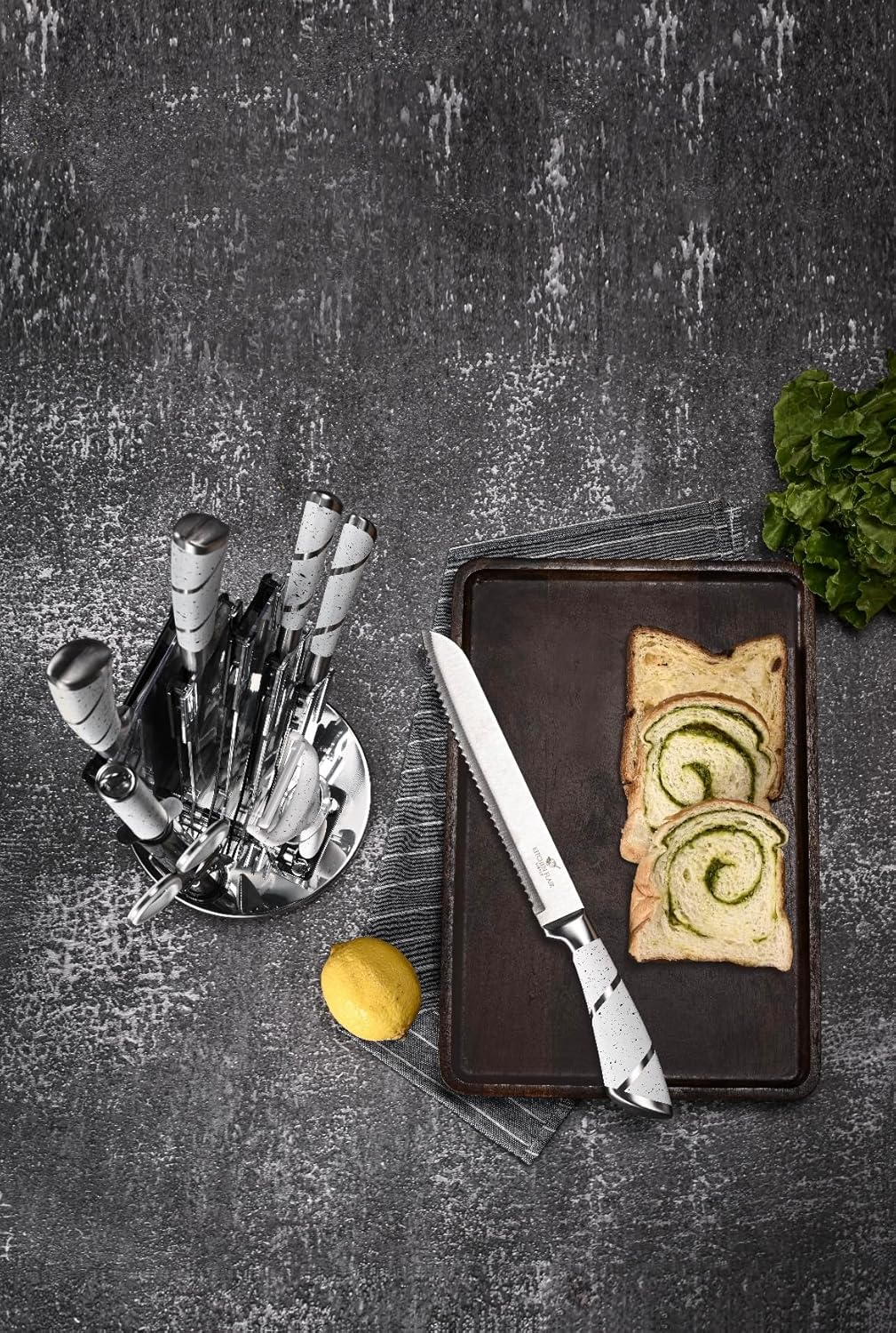 Knife Set 9Pc Stainless Steel, Professional Chef Knives with Ultra Sharp Blade, 360 Degree Rotating Block Stand, Pristine Marble White image number 5