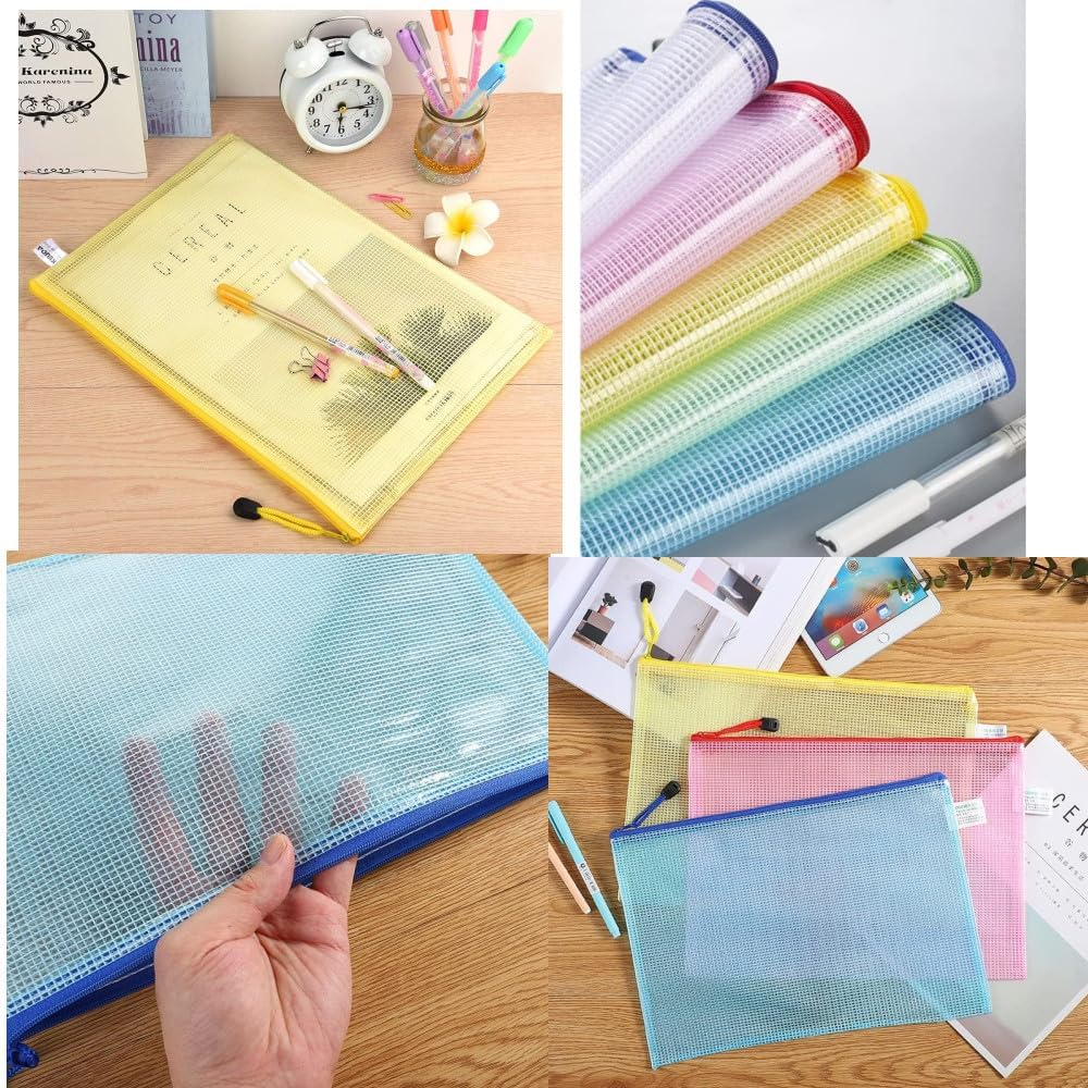 10Pcs A4 Mesh Zipper File Bags,Reusable File Folders Waterproof Document Bags,5 Color Zipper Bags for School Office Supplies, Home and Business Travel image number 2