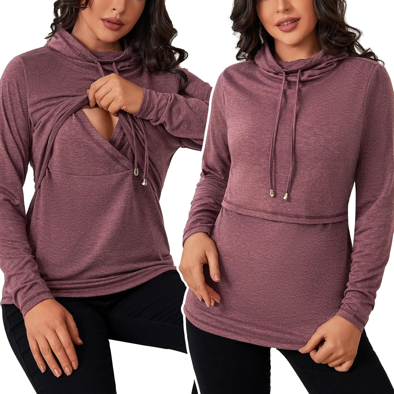 GINKANA Womens Nursing Tops Breastfeeding Sweatshirts Shirts Long Sleeve Drawstring Cowl Neck Nursing Tee Shirts Blouse