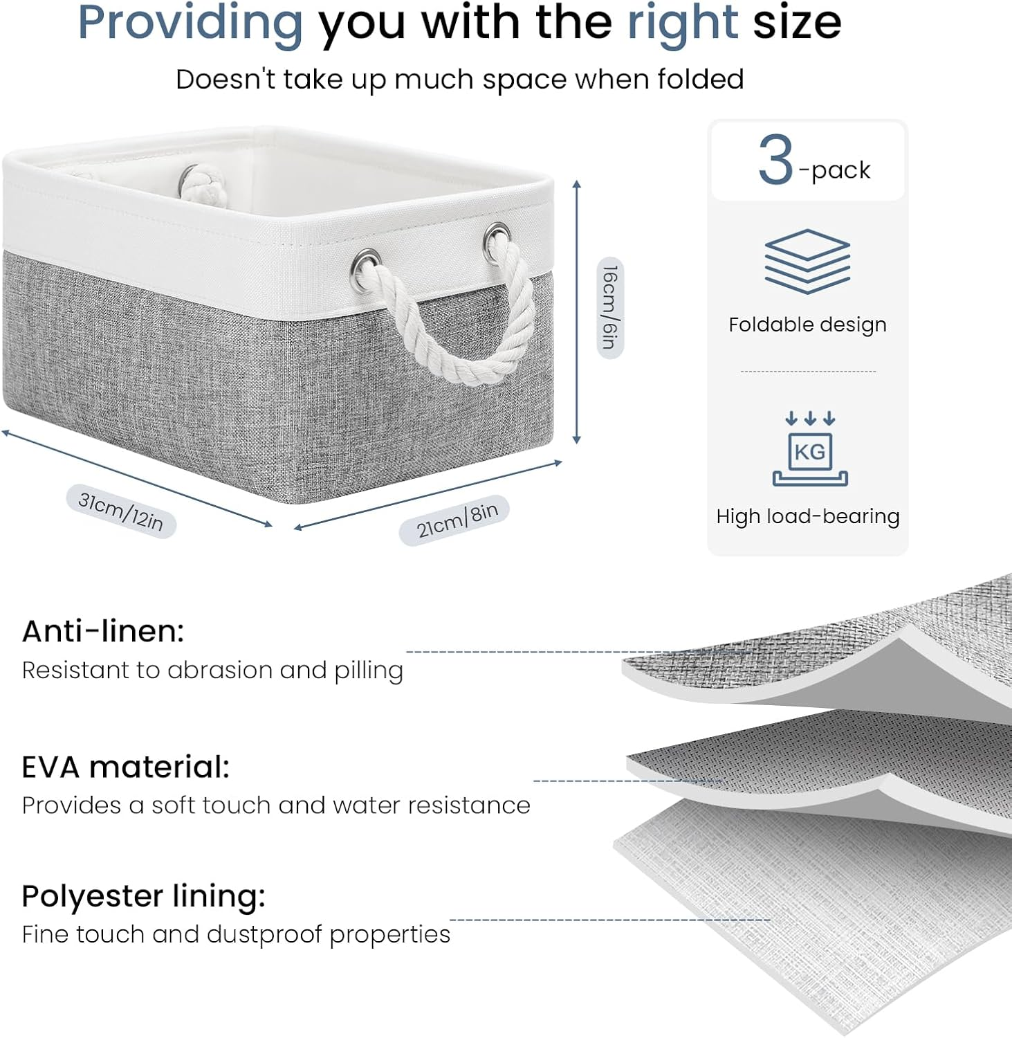 Patvingot Storage Baskets Canvas Storage Boxes with Handles, Fabric Storage Bins for Organizing Home and Clothes, Office (White/ Grey, Small-3 Pack) image number 4
