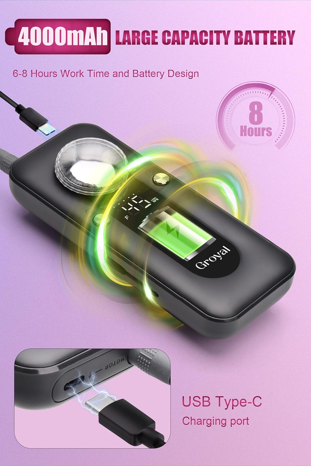 Groyal Nail Drill Electric File 45000RPM Rechargeable, Cordless with 11 Pcs Bits for Acrylic Gel Nails, Salon/Home image number 3