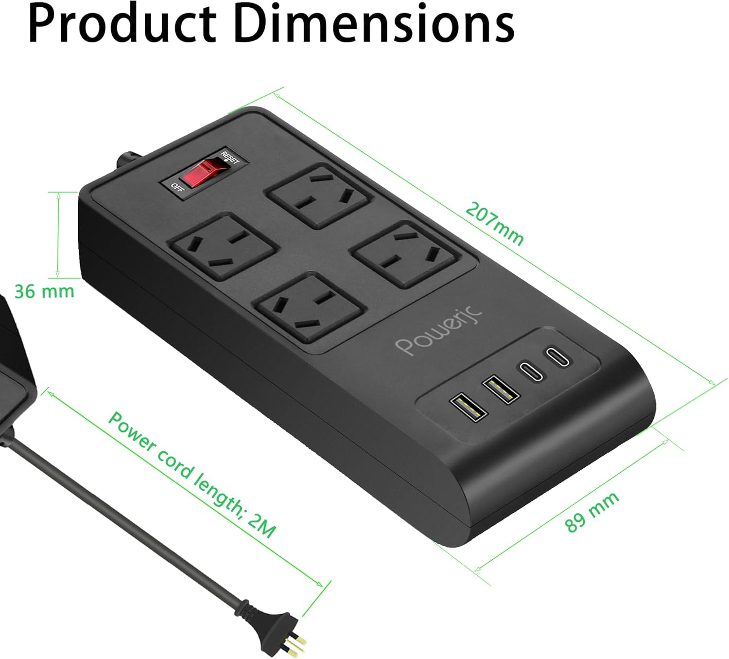 Powerjc Surge Protector Power Board 4 Socket Widely Outlets with 4 USB Ports(2 USB C), Power Strip with 2M Extension Cord image number 6
