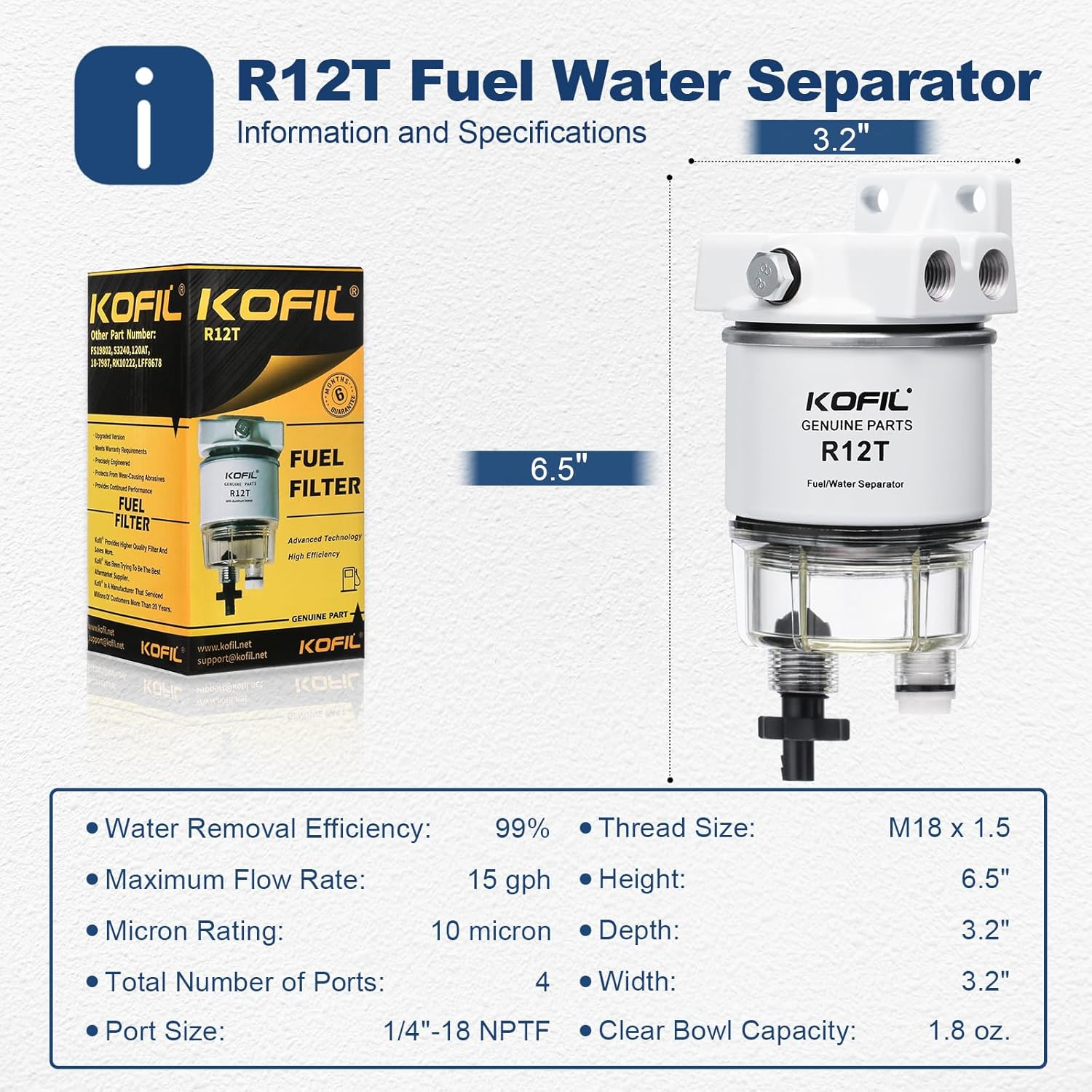R12T Fuel Water Separator Marine Fuel Filter/Water Separator Assembly, for Outboard Motor Marine Engine, Replaces# S3240 120AT with 2 3/8" Barb &times; 1/4" NPT Male Fittings 2 Plugs,10 Micron - R12T Assembly With 2 Elements image number 7