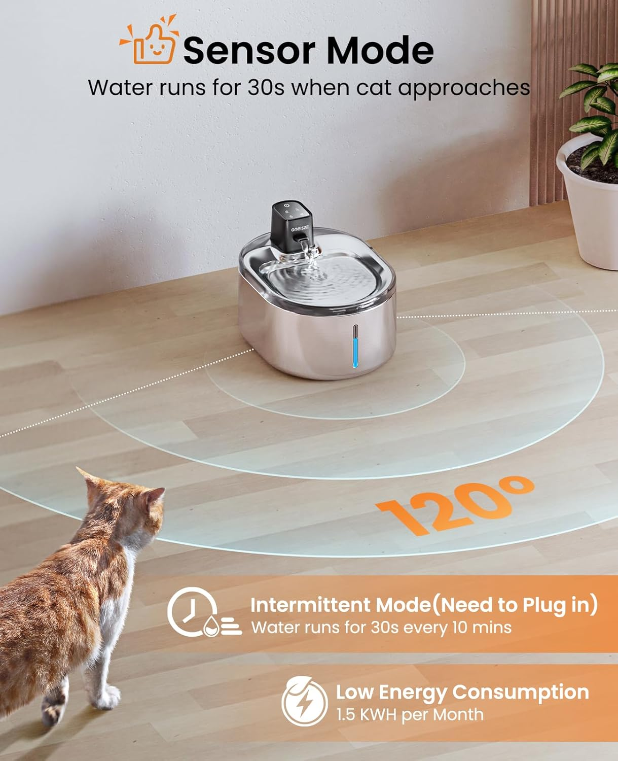 Oneisall 4L Drinking Fountain for Cats, Wireless Stainless Steel, Cat Fountain Wireless with Motion Sensor, 60 Days Operating Time per Charge, Super Quiet Pump, Filter, Water Fountain for Cats, Small image number 5