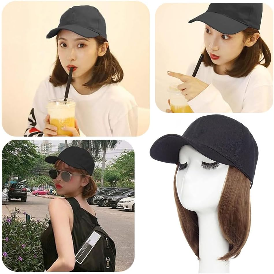 Baseball Cap with Hair Extensions, Straight Short Bob Wigs Hat for Women Girls Adjustable with Hair, Removable Synthetic Hat (Light Brown) image number 5