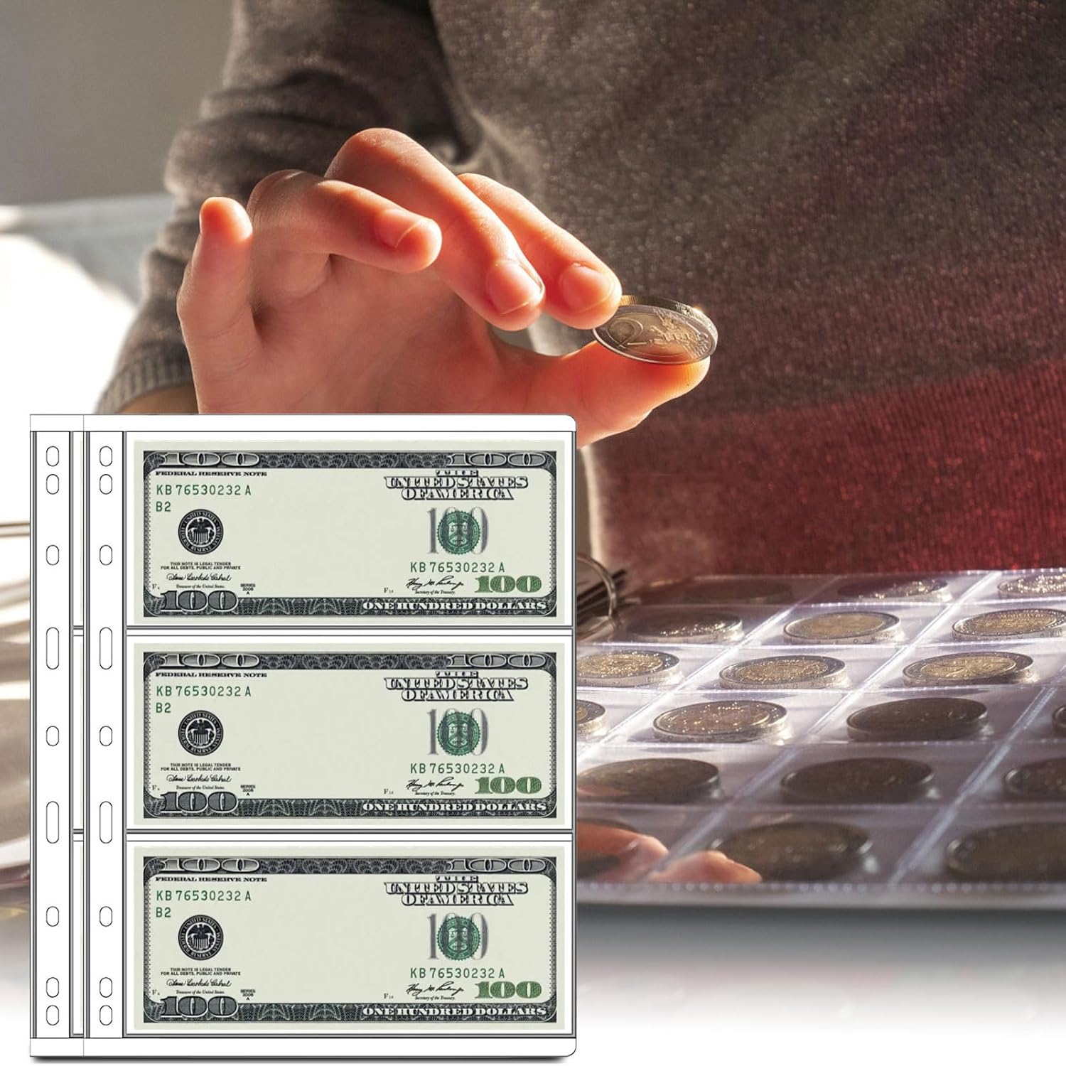 World Map Coin Collection Album for Collectors Holder, Expandable Coin Storage Book with Secure Zipper and Handy Handle Coin Storage Case Box for Coin Collection Holder, 260 Coin & 30 Bill Sleeves image number 1