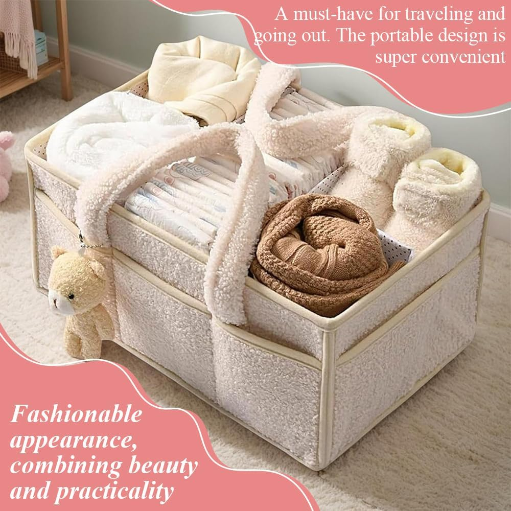 Diaper Caddy Organizer,With Compartments,Plush Storage Bag,Portable Car Travel Organizer,Foldable Essentials Storage,For Diapers,Wipes,Towel image number 5