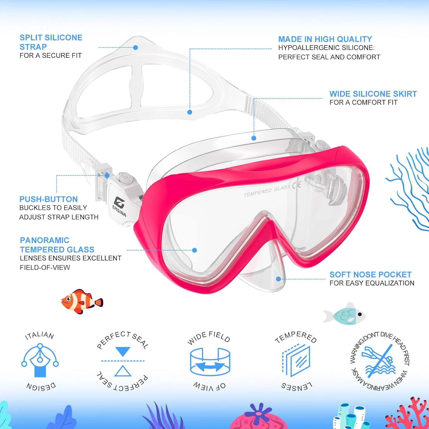 EMSINA Kids Diving Mask 180&deg; Panoramic Swim Mask Anti-Fog Child Swim Goggles Tempered Glass Swimming Goggles with Nose Cover for 4-16 Kids, Youth - Pink (Mask Only) image number 4