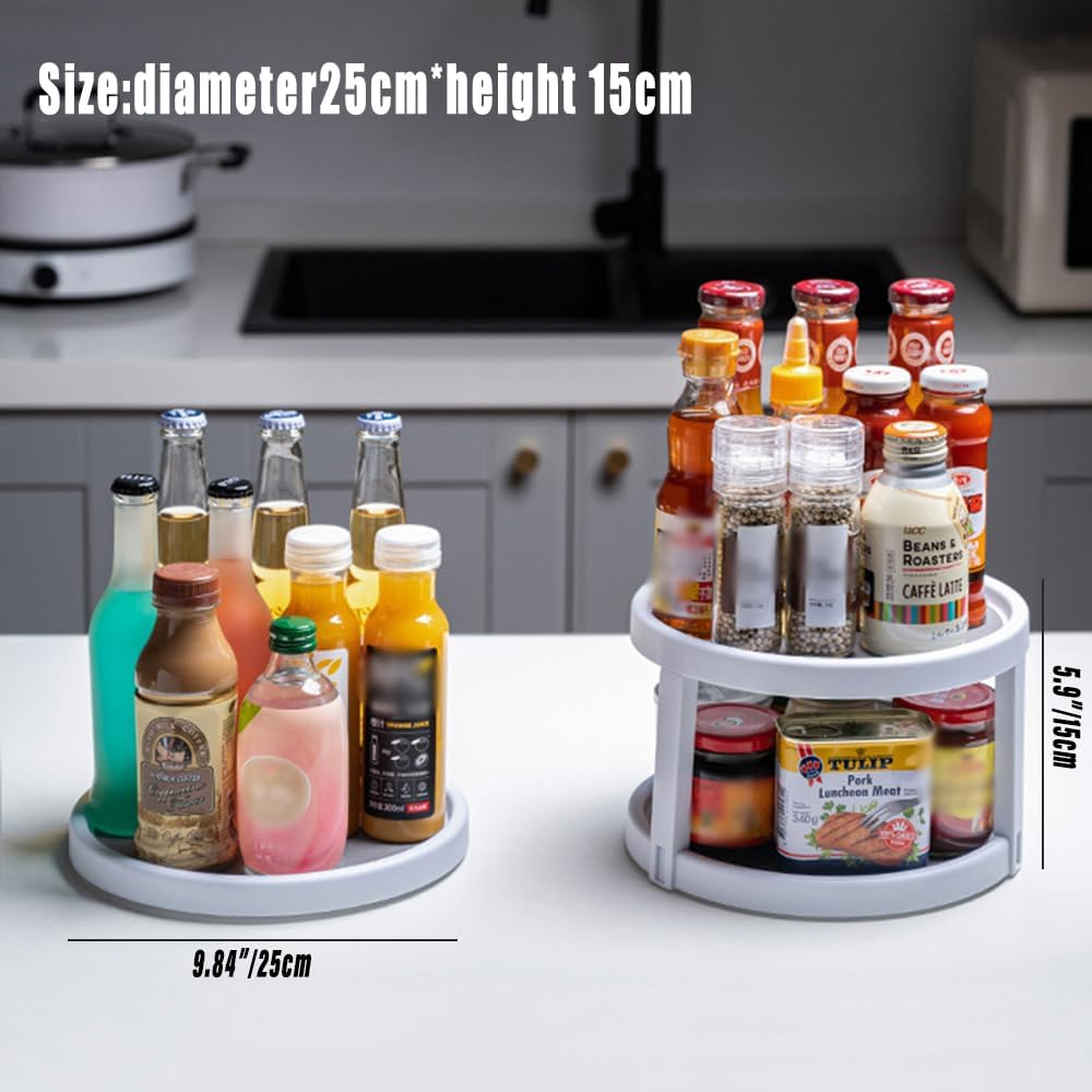 AIMALL Can Tamer Kitchen Fridge Spinning Storage Organizer Shelf Rack Pantry 2 Tier, 9.8" Diameter, White & Gray