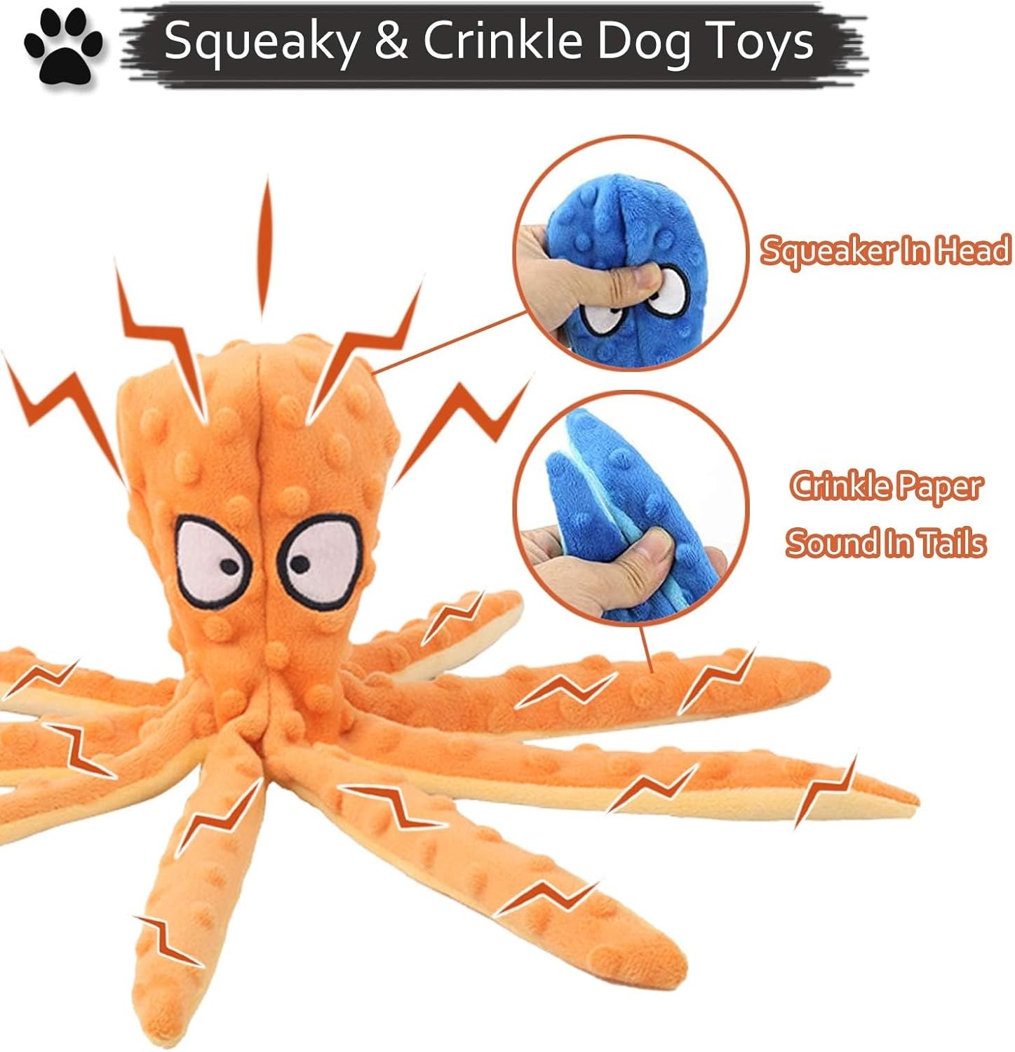 Dog Squeaky Toys，Octopus Interactive Play Toy，No Stuffing Plush Dog Chew Toy with Crinkle Paper for Medium and Large Dog Playing (Orange) - Blue image number 3