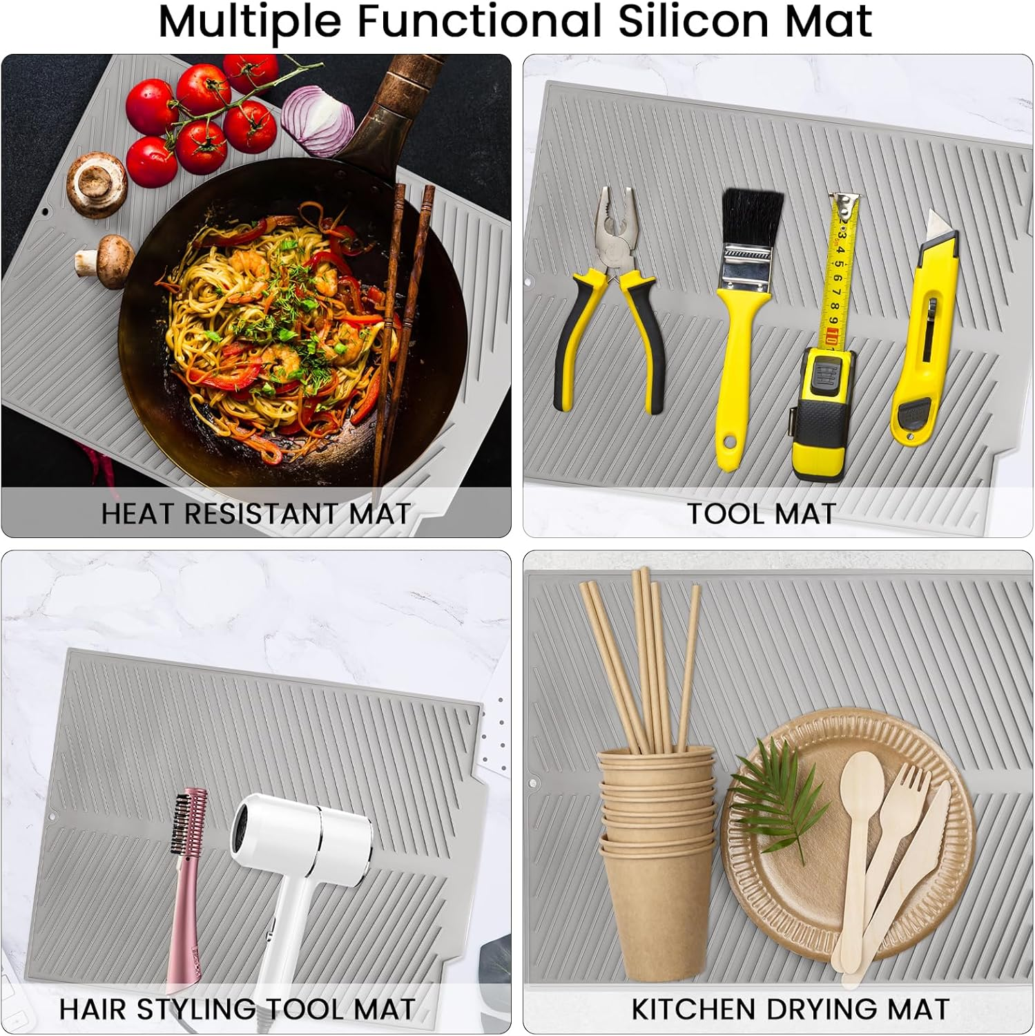 SHARME Silicone Dish Drying Mat with Drain Lip, Dish Drying Pad, Non-Slip Easy Clean Dish Drainer Mat Kitchen Pad, Silicone Mat for Kitchen Counter or Sink,Refrigerator or Draw-16" X 12.5" Grey image number 3