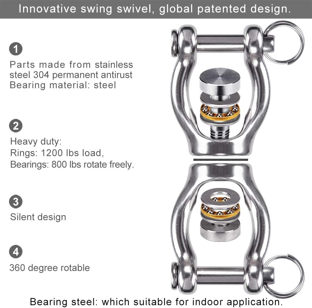 Dolibest Permanent Antirust Stainless Steel Swing Swivel with Bearing Double Open 360&deg; Rotation, 770LB Capacity, Device Hanging Accessory for Web Tree Swing, Aerial Dance, Swing Yoga Swing Sets image number 3