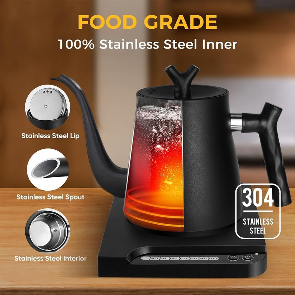 Electric Kettle, 1000Ml Electric Gooseneck Kettle, Smart Electrickettle Hand Brew Coffee Pot with 7 Temperature Control Presets, Stainless Steel Long Mouth Kettle, Auto Shut Off,1000W Quick Heating image number 2