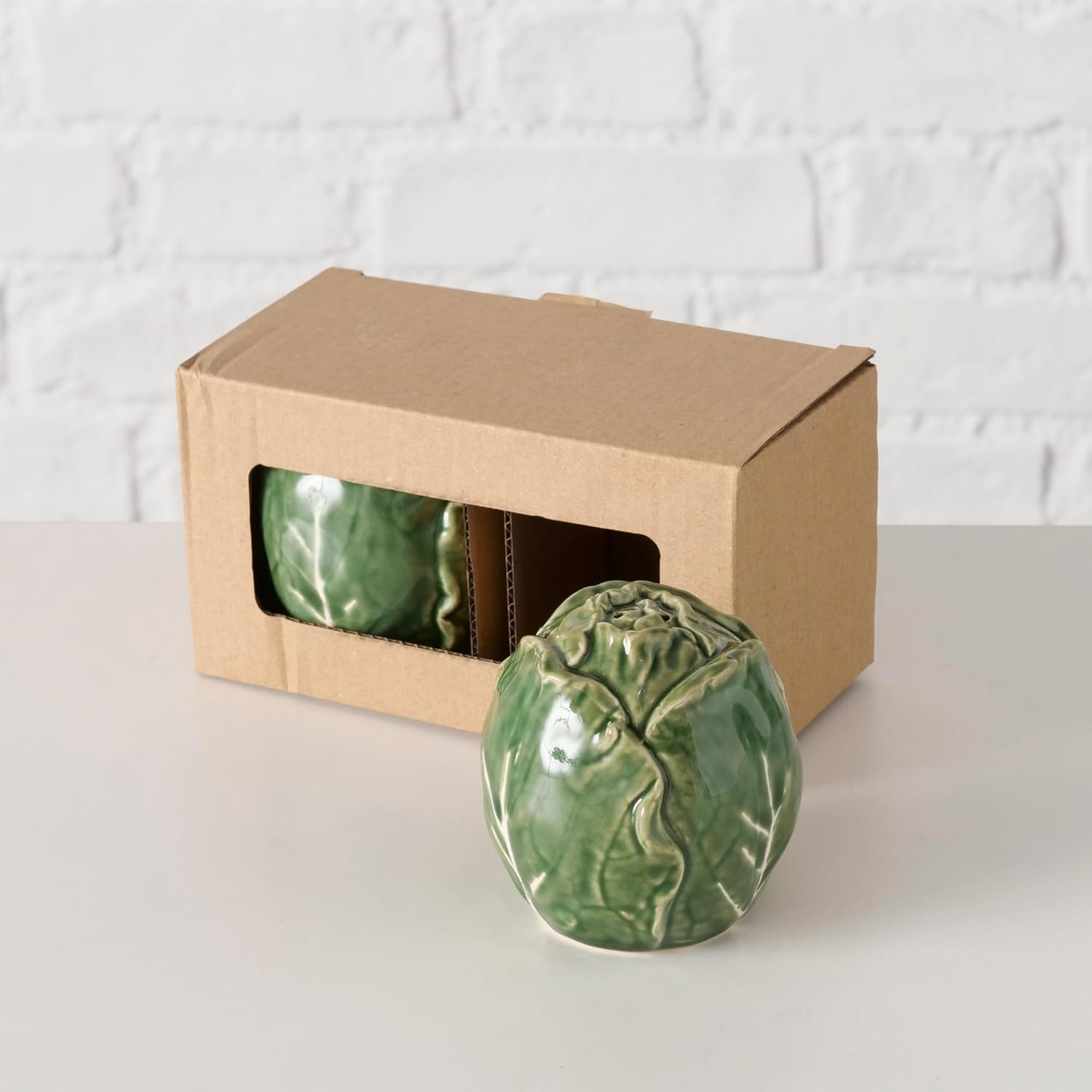BOLTZE Cabbage 2054415 Shaker Set of 2 Green Ceramic Height 7.5 Cm Capacity 135 Ml Dishwasher Safe Salt & Pepper Shaker Spice Shaker
