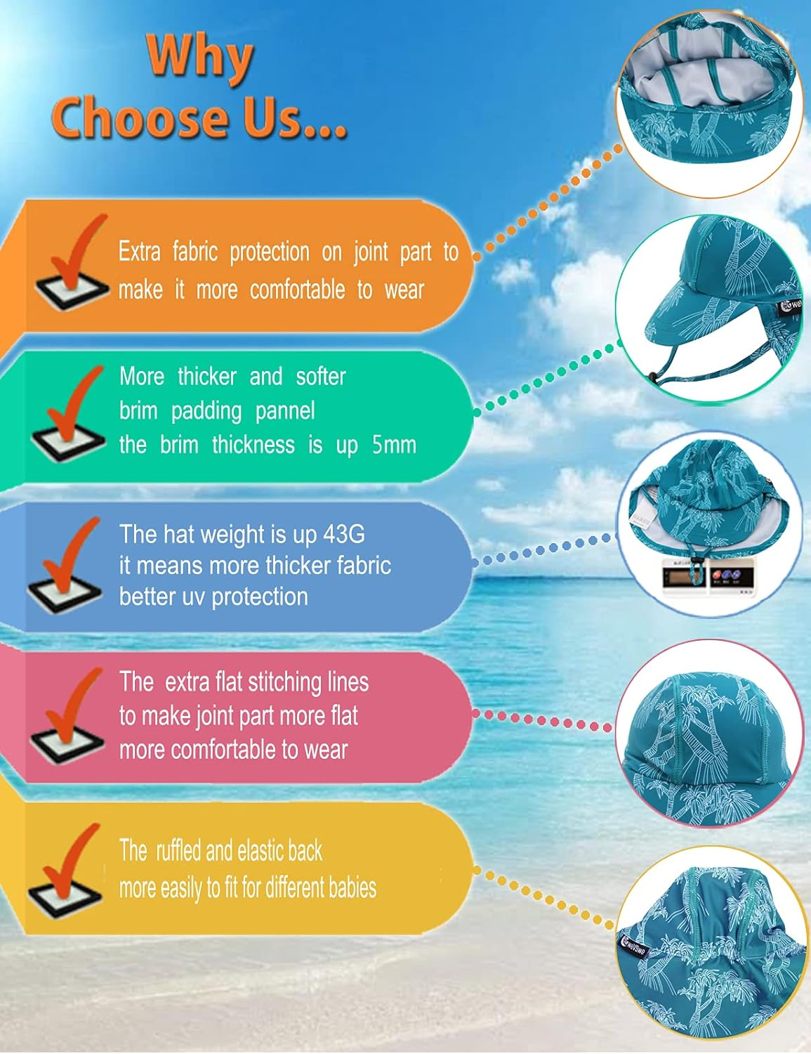 Wevswe Baby Toddler Sun Hat UPF 50+ Swim Cap Flap Neck Protection Adjustable Chin Straps UV Sun Protection Hats image number 4