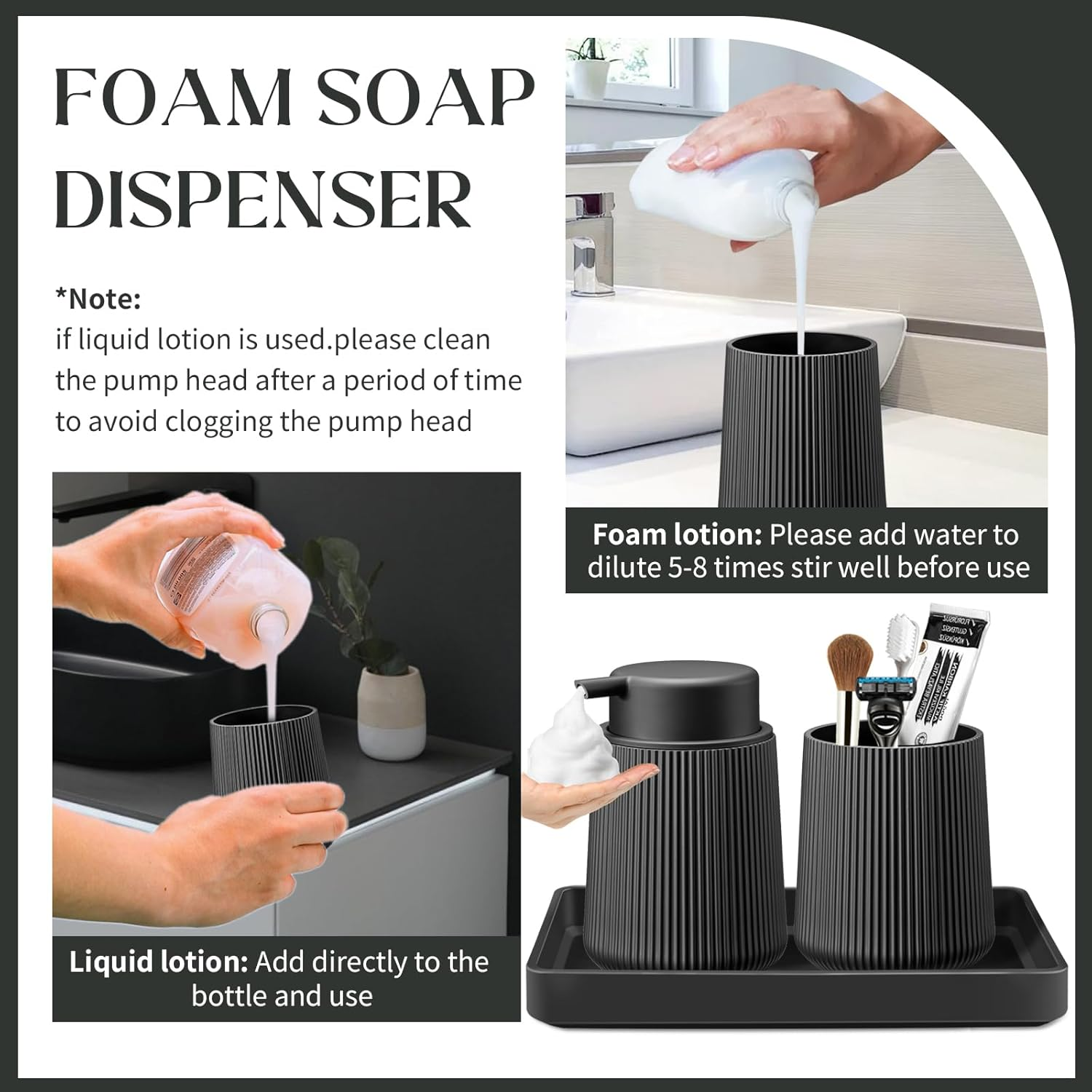 Black Bathroom Accessories Set - 3Pcs Bathroom Accessory Sets with Toothbrush Holder,Lotion Soap Dispenser,Qtip Holder Dispensr & Vanity Tray,Bathroom Countertop Vanity Oganizer - Matte Black image number 2