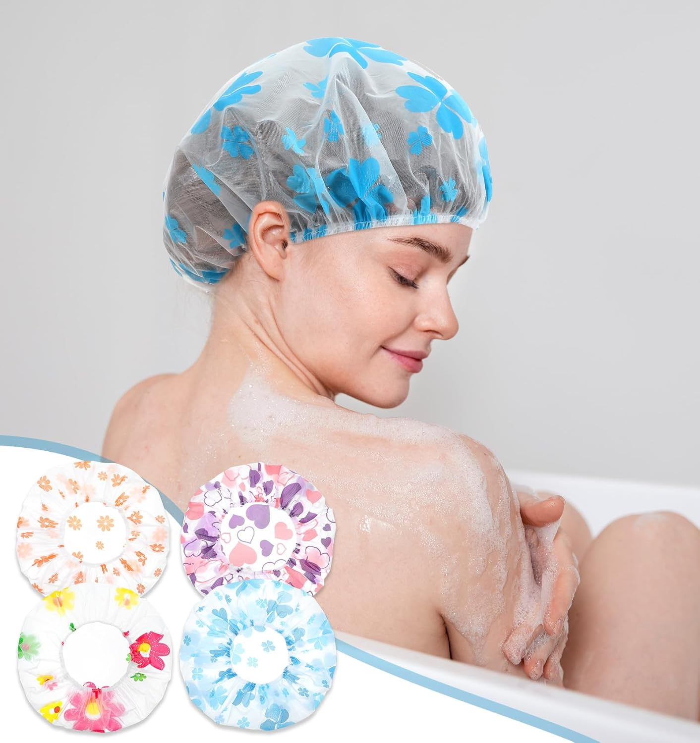 4 Pack Kids Shower Caps for Girls, 11" Reusable Elastic Shower Caps for Kids, Girls, Baby, Women, Bathroom, Makeup, Travel (Random Colors) image number 6