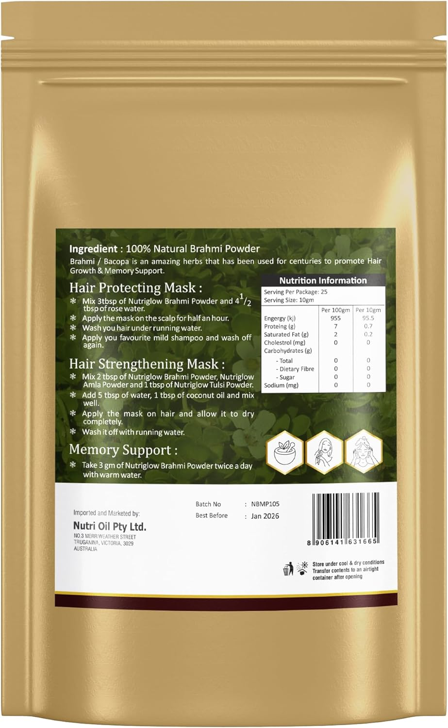 Nutri Glow | Brahmi Powder | 8.81 Oz (250 G) | Bacopa Monnieri | Superfood Supplement |Vegan | Ayurveda | Non GMO Supplements for Brain & Memory | Resealable Air Tight Pouch image number 1