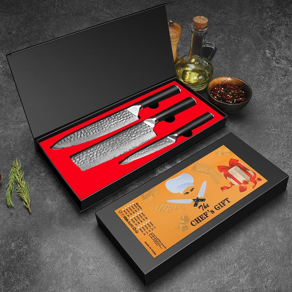 Knife Set 3-Piece Damascus Steel Chef Knife Set &ndash; 8 Inch Razor Sharp Kitchen Knives, 7 Inch Nakiri Knife, 5 Inch Slicing Knife with Ergonomic G10 Handle Cooking Knife Set, Gift Box - Damascus Knife 3-Piece image number 6