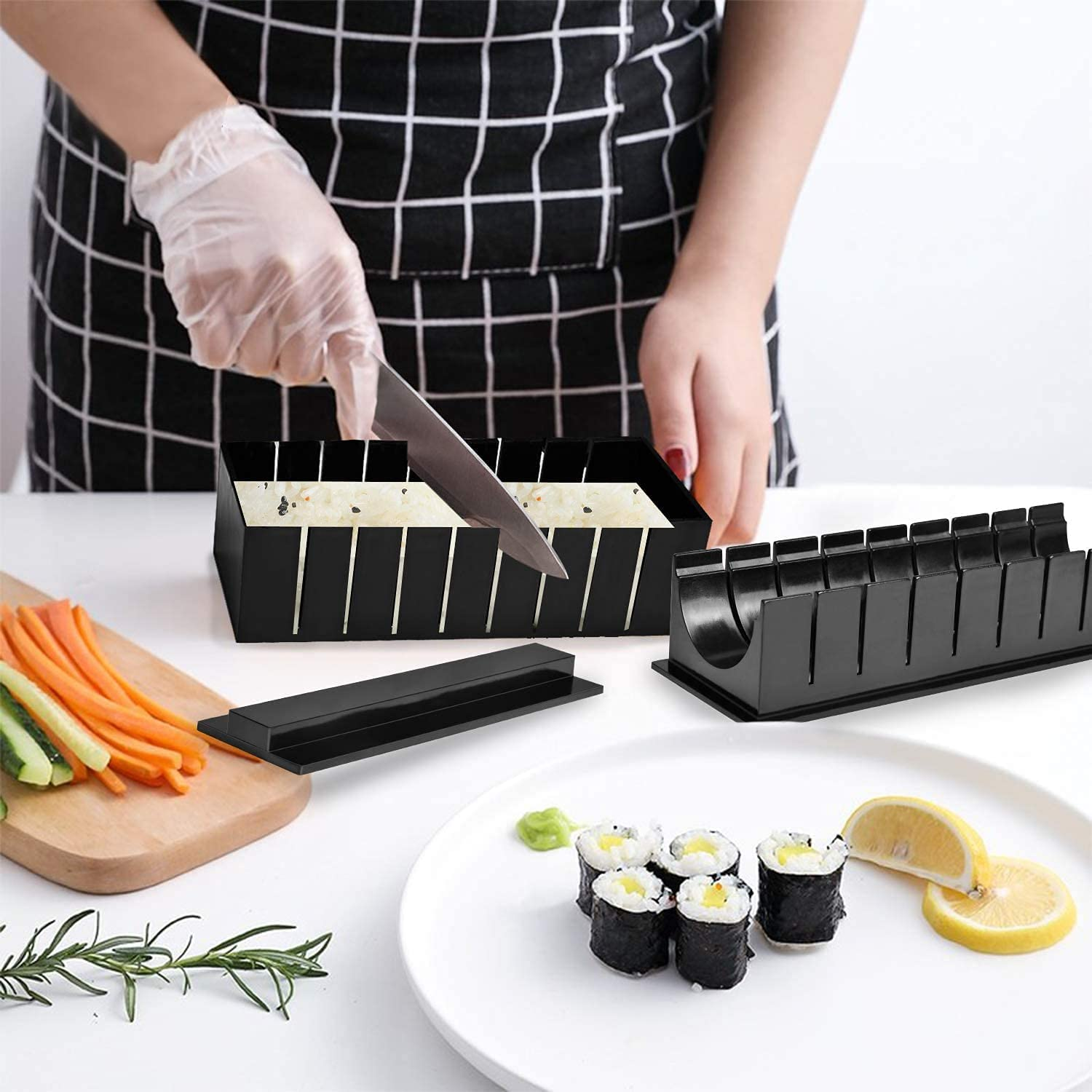 DIY Sushi Making Set - 10 PCS Production Kit with Rice Roll Mold Shapes and Fork, Premium Mold Maker for Maki Rolls, Easy and Fun for Daily Use (Black) image number 3