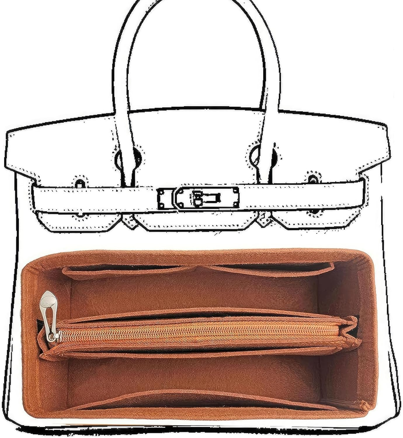 KOPPAL Purse Organizer Insert for Handbags, Felt Bag Organizer with Zipper, Large Capacity,Women, Handbags Shaper for Birkin(35,Orange)