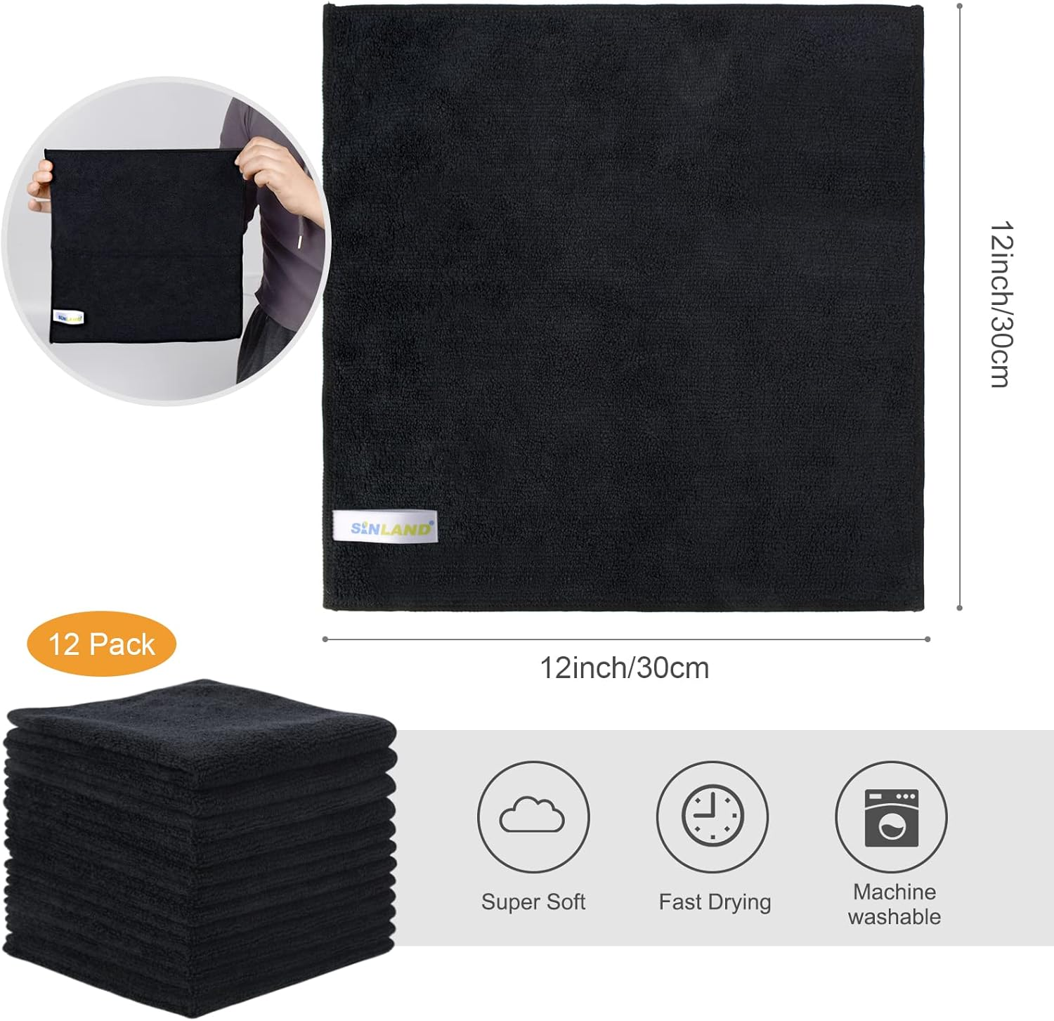 Sinland Microfiber Dish Cloth Cleaning Towel Super Absorbent Dish Rags (30Cmx30Cm, Blackx12) - Greyx12 image number 3