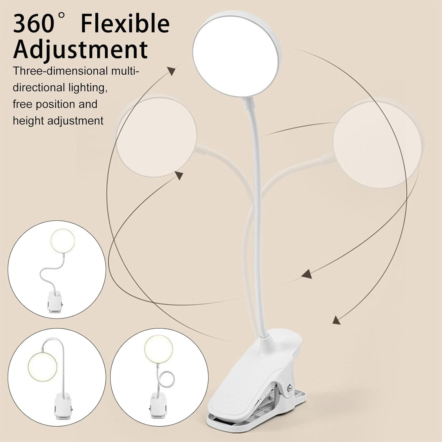 Cerioll Bed Reading Lamp, 360&deg; Flexible Reading Lamp, Dimmable Reading Light with Touch Dimmable, 3 Colour Temperature Modes, Continuous Brightness, Rechargeable, for Studying Work (White) image number 4